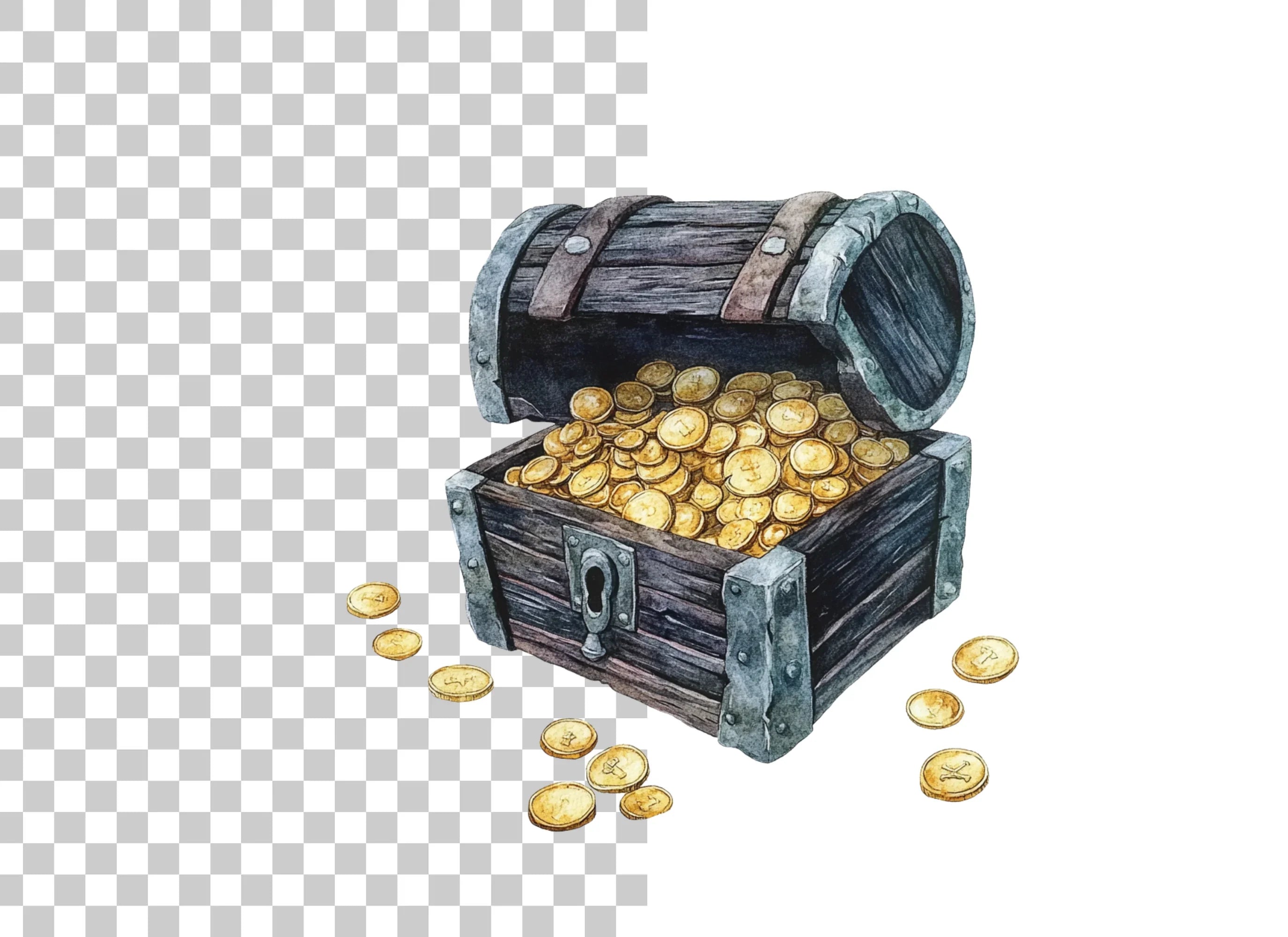 Vintage Treasure Chest with Gold Coins Clipart Bundle