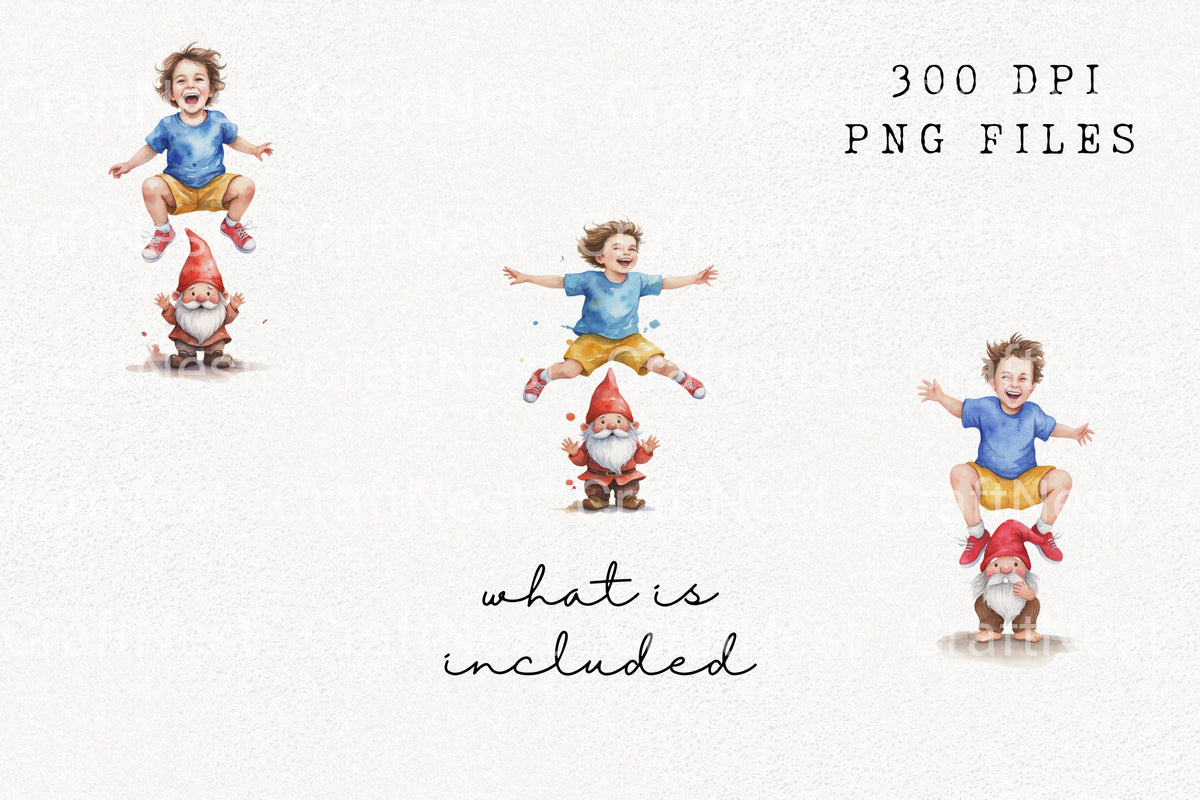 Happy Boy Gnome Jumping Illustrations Clipart Bundle