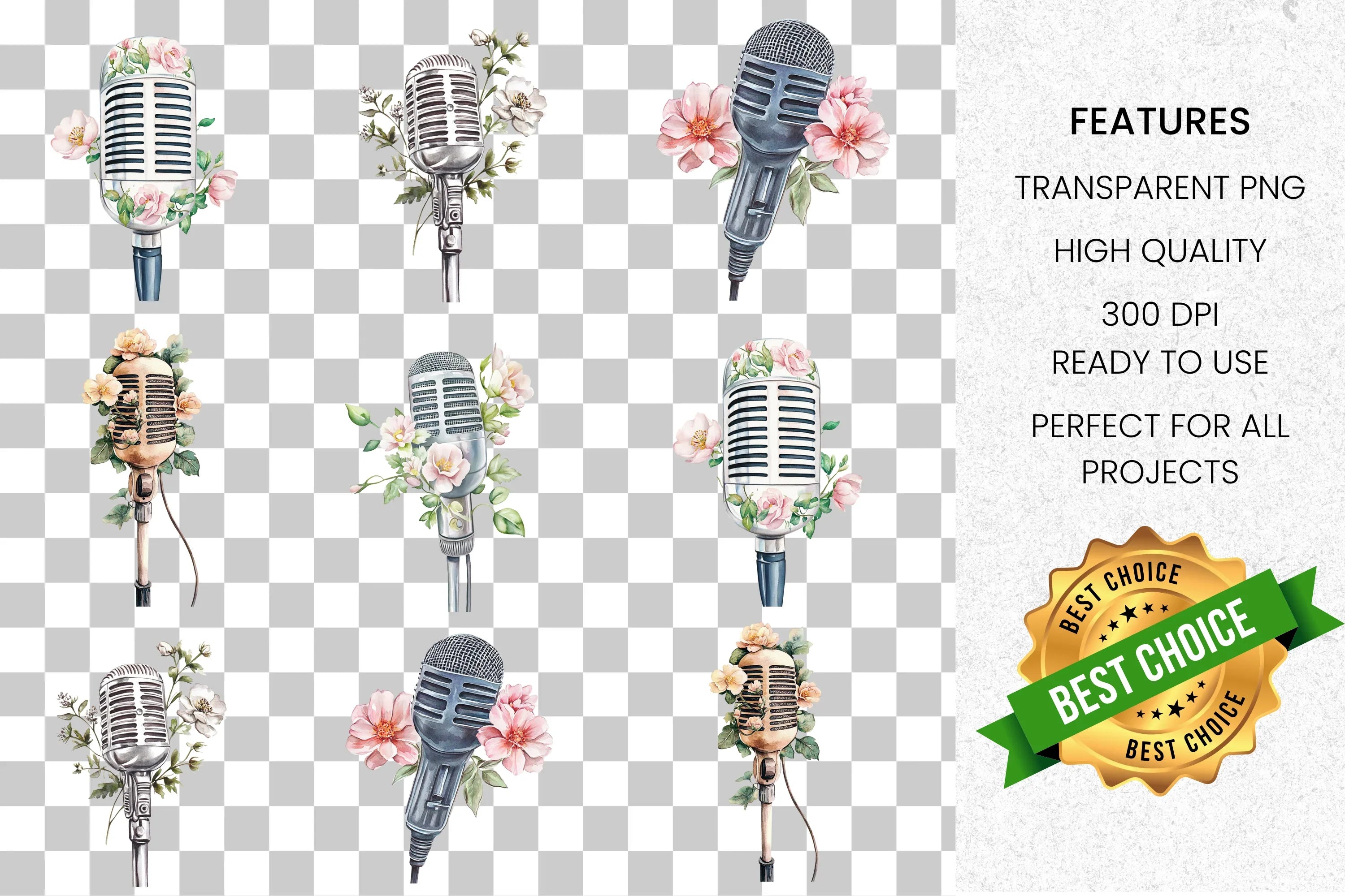 Floral Vintage Microphone Clipart Bundle