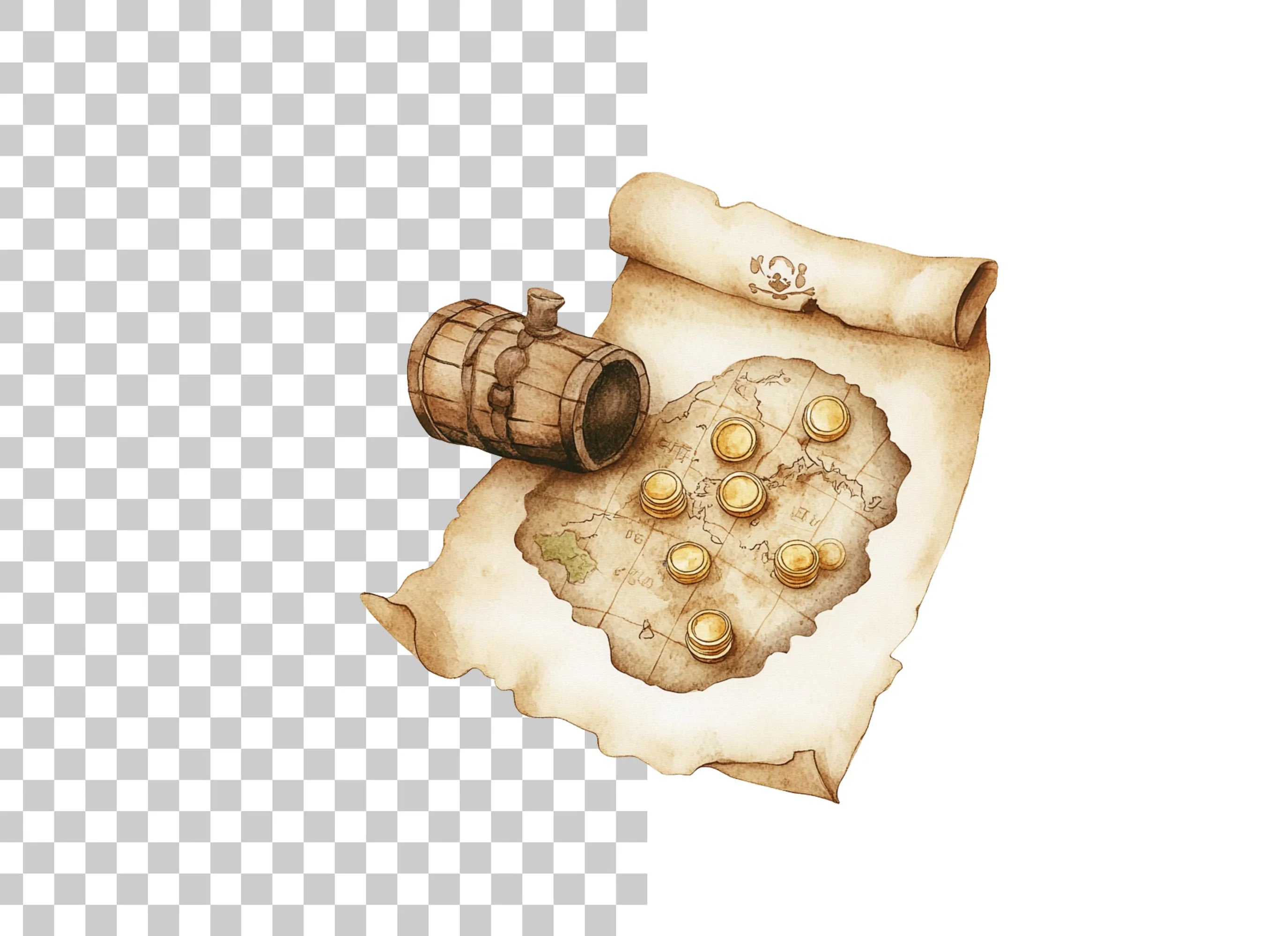 Pirate Treasure Map and Barrel Clipart Bundle