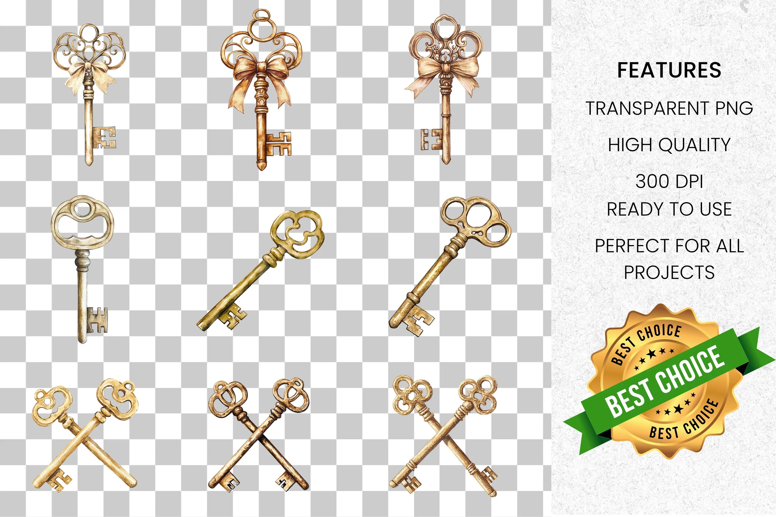 Vintage Golden Skeleton Keys Clipart Bundle