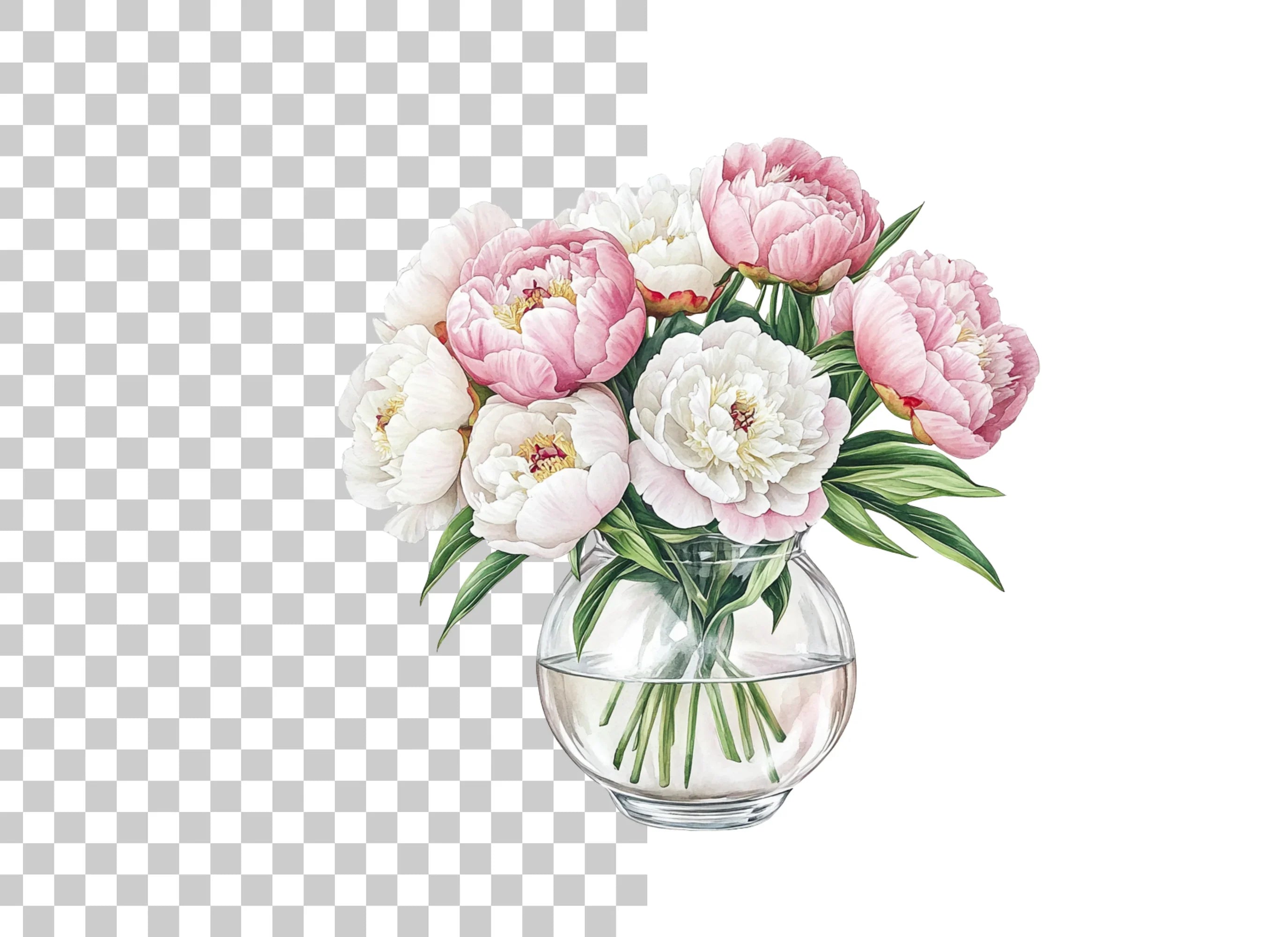 Pink and White Peonies in Glass Vases Clipart Bundle