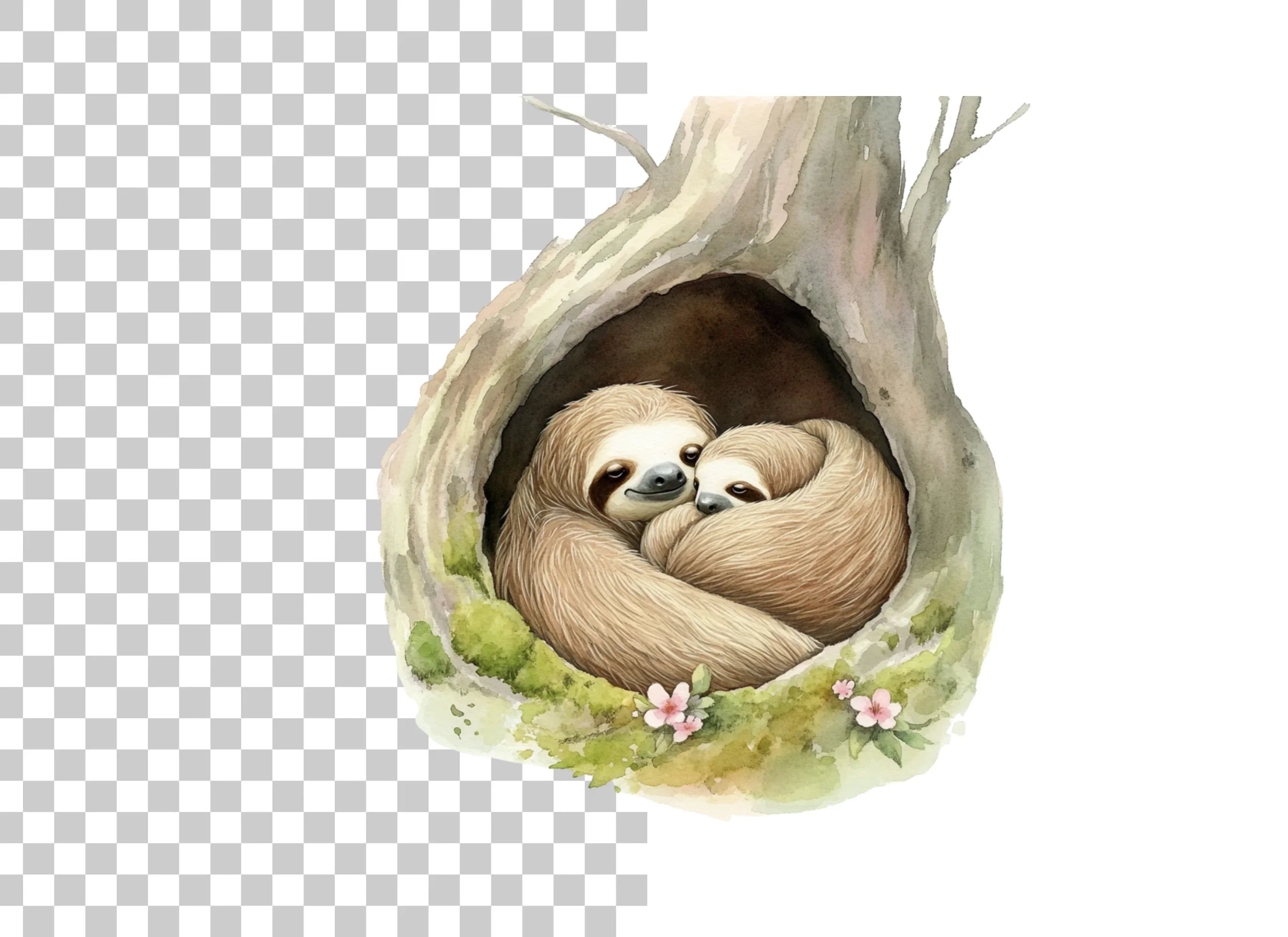 Cozy Sloth Family in Tree Hollow Clipart Bundle
