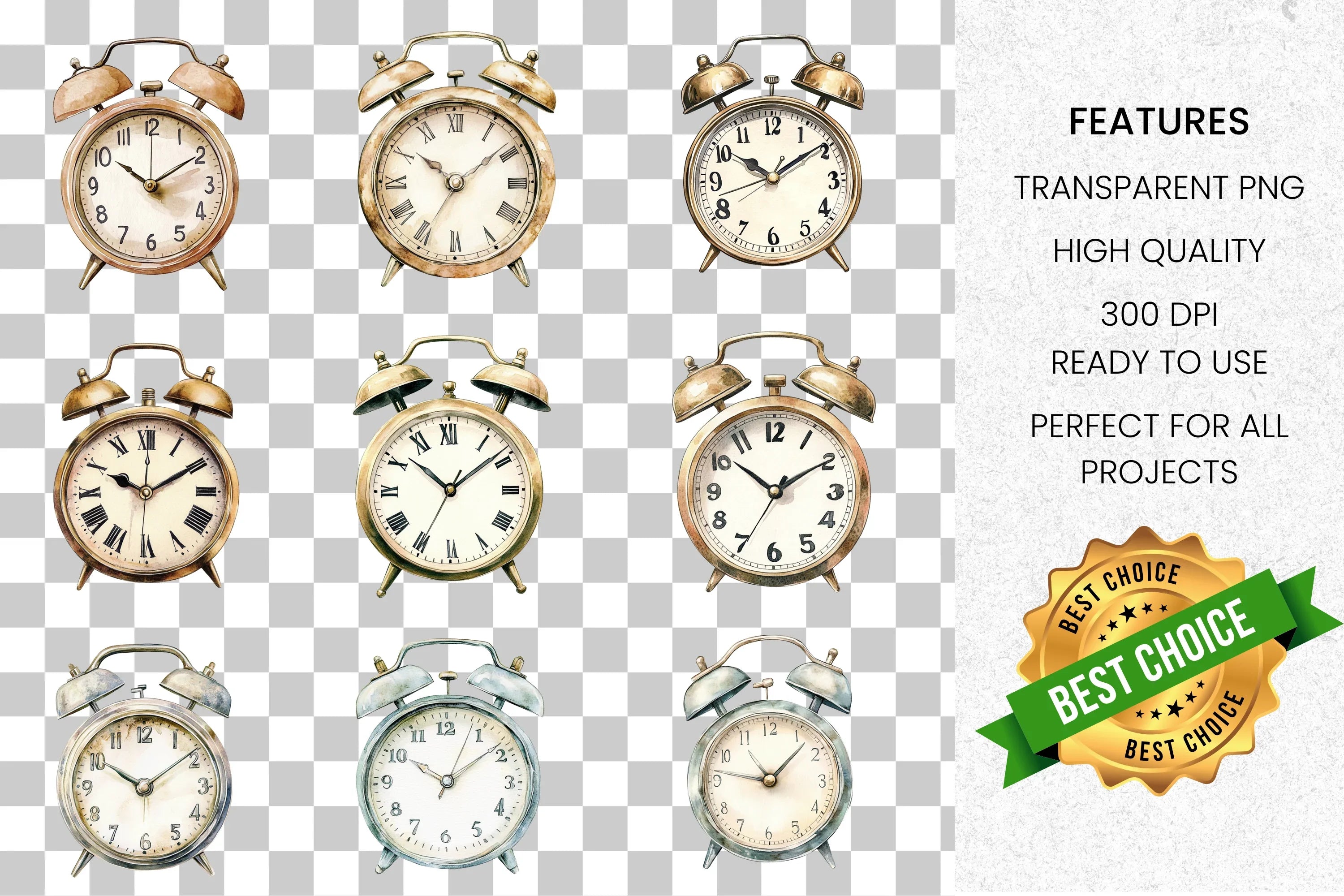 Vintage Alarm Clock Clipart Bundle