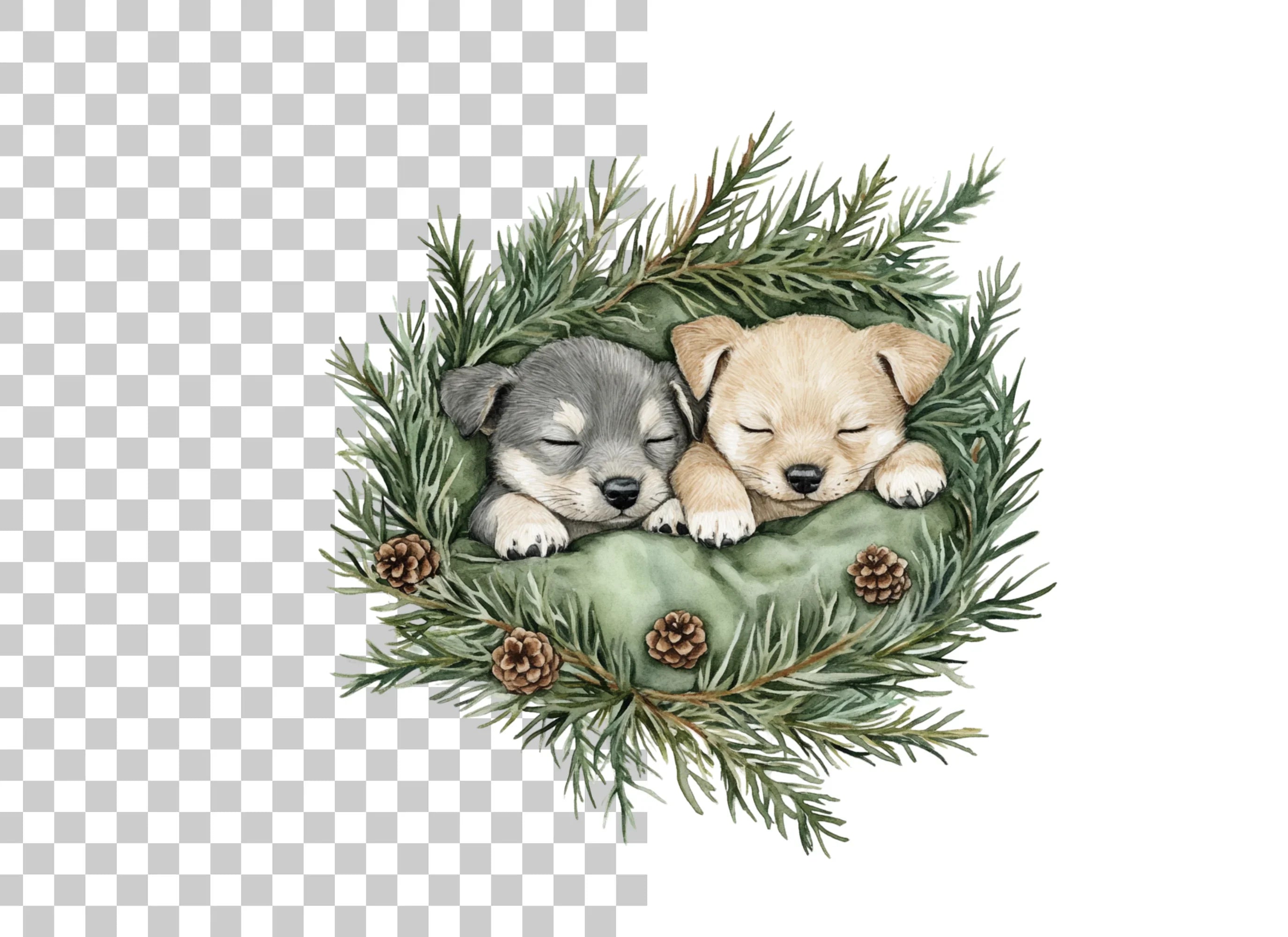 Sleeping Puppies in Festive Pine Wreaths Clipart Bundle