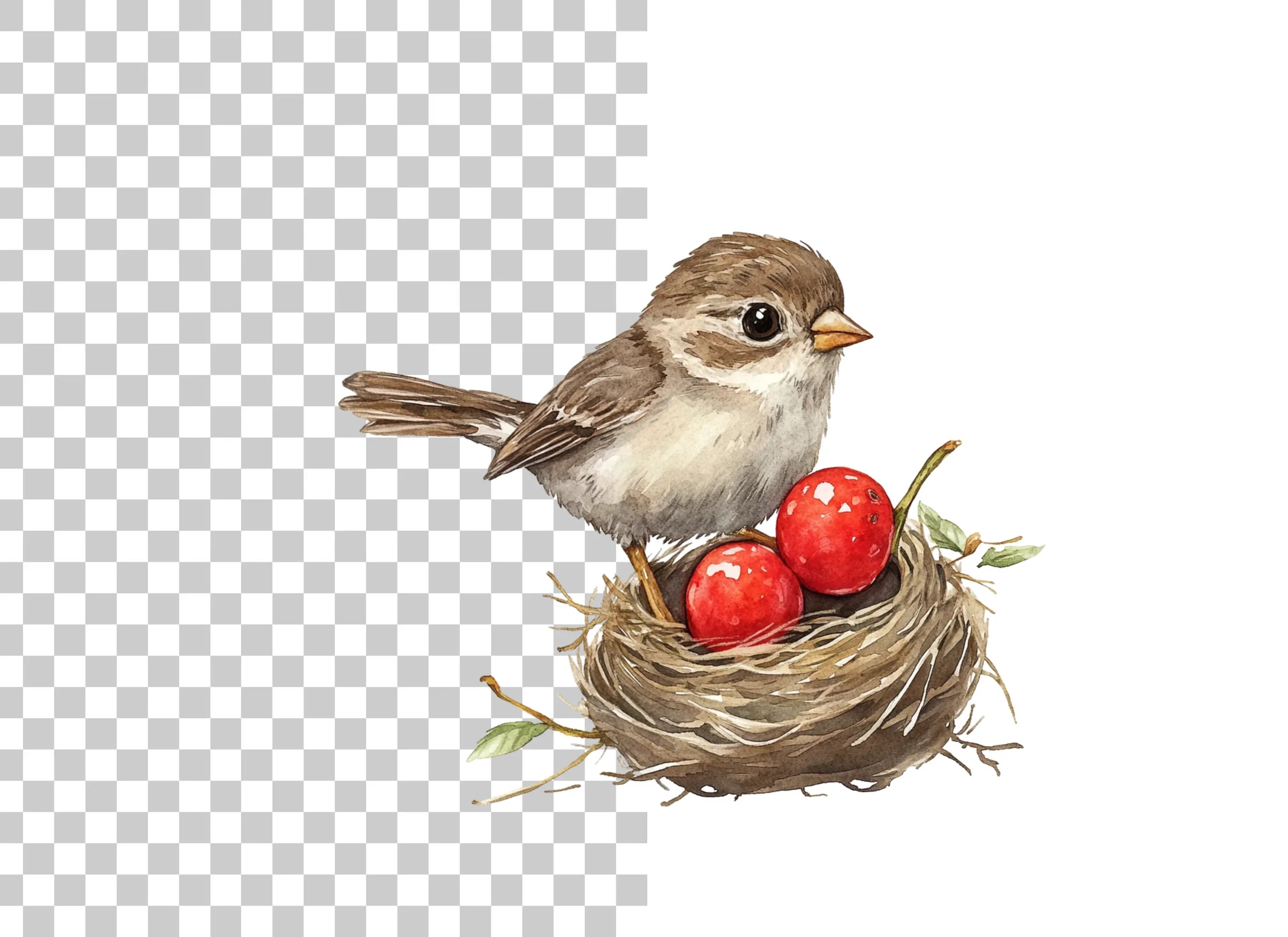 Cute Bird in Nest with Red Berries Clipart Bundle