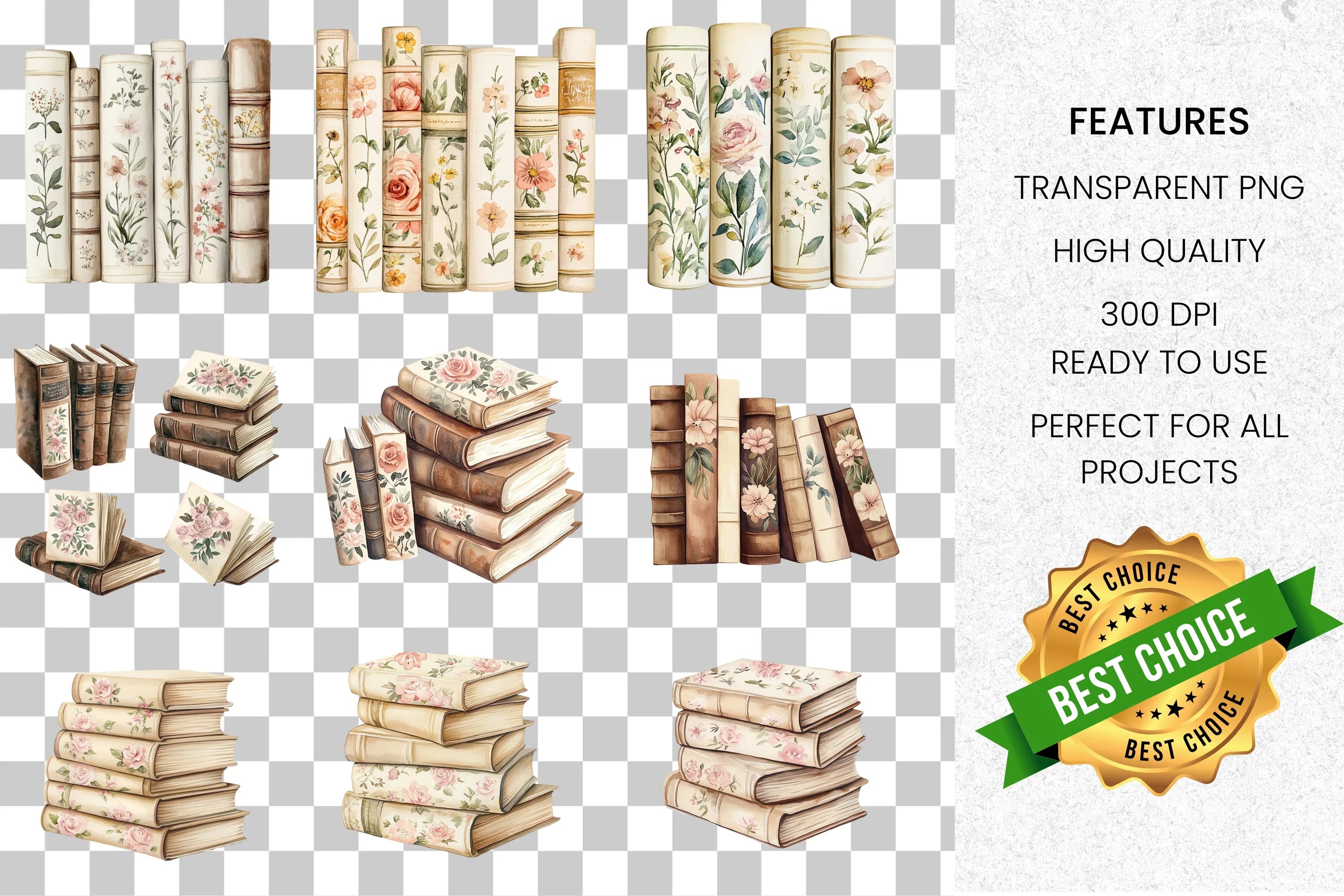 Vintage Floral Books Stack Clipart Bundle
