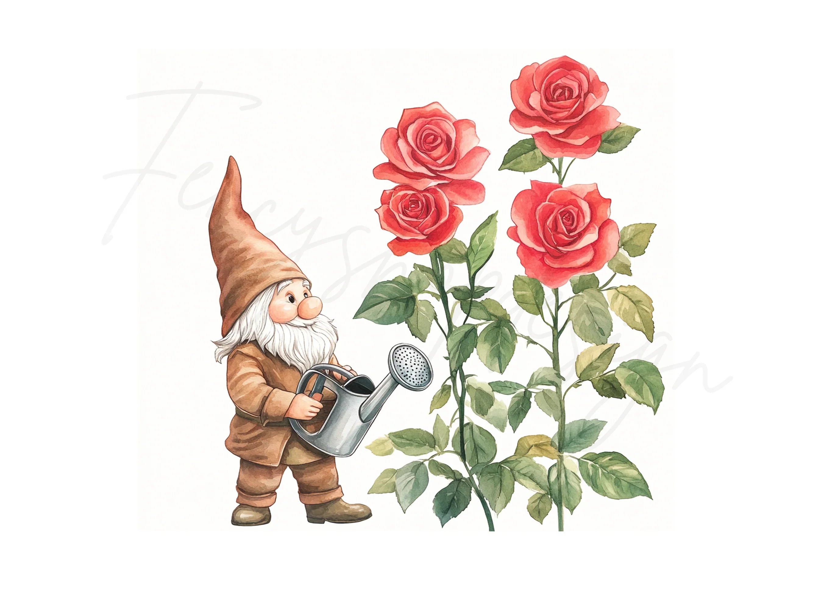 Garden Gnomes Watering Red Roses Clipart Bundle