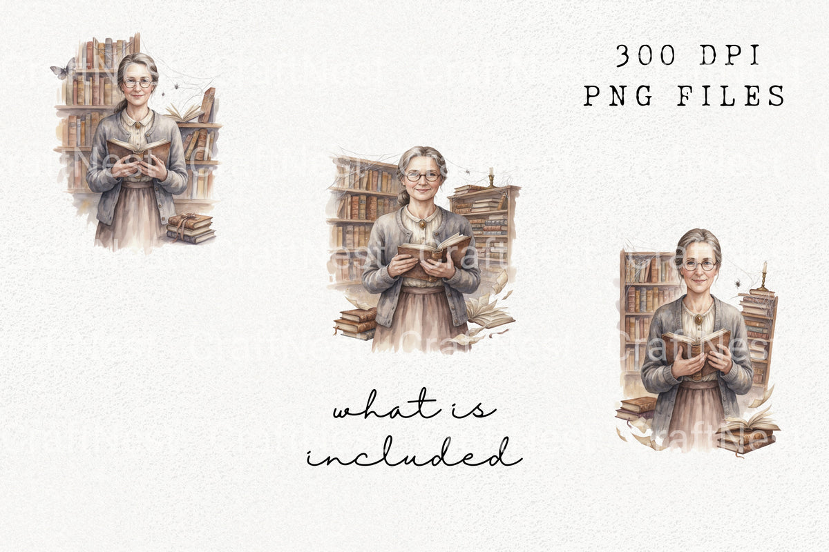Wise Old Woman With Books Clipart Planner