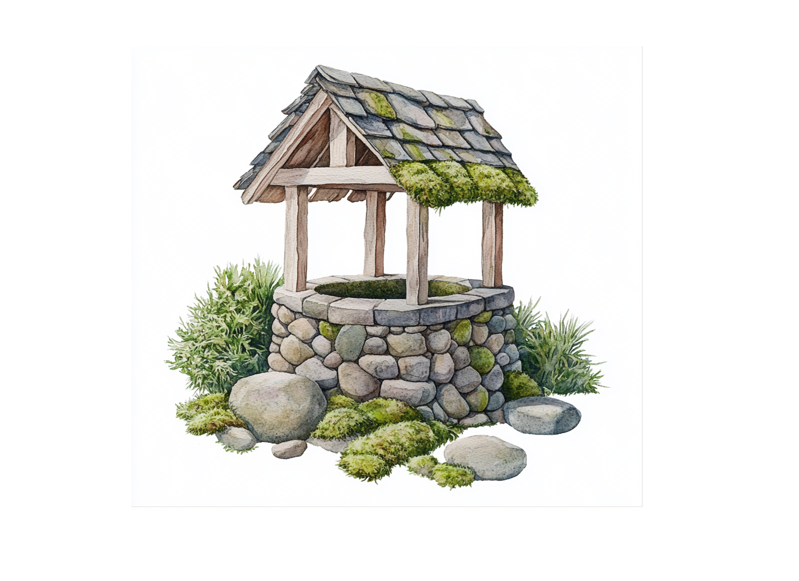 Mossy Stone Wishing Well Clipart Bundle