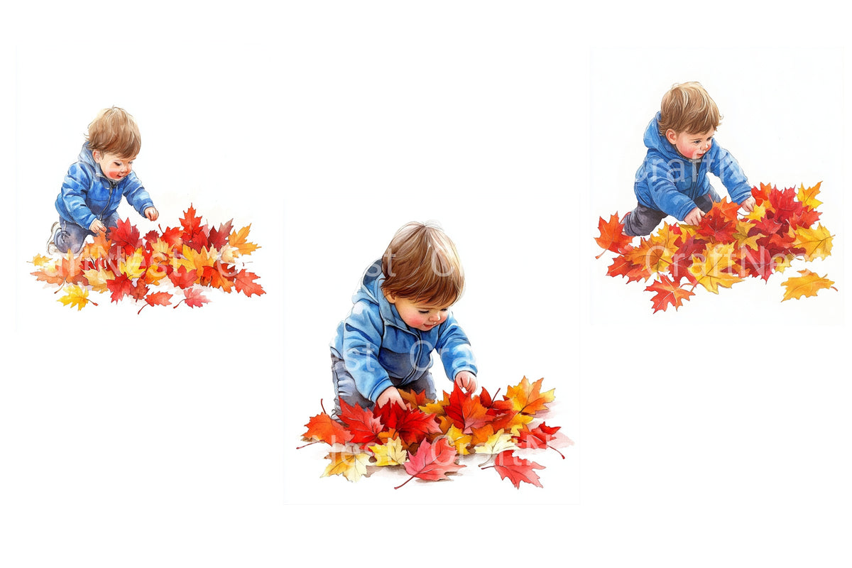 Baby Playing In Autumn Leaves Clipart Bundle