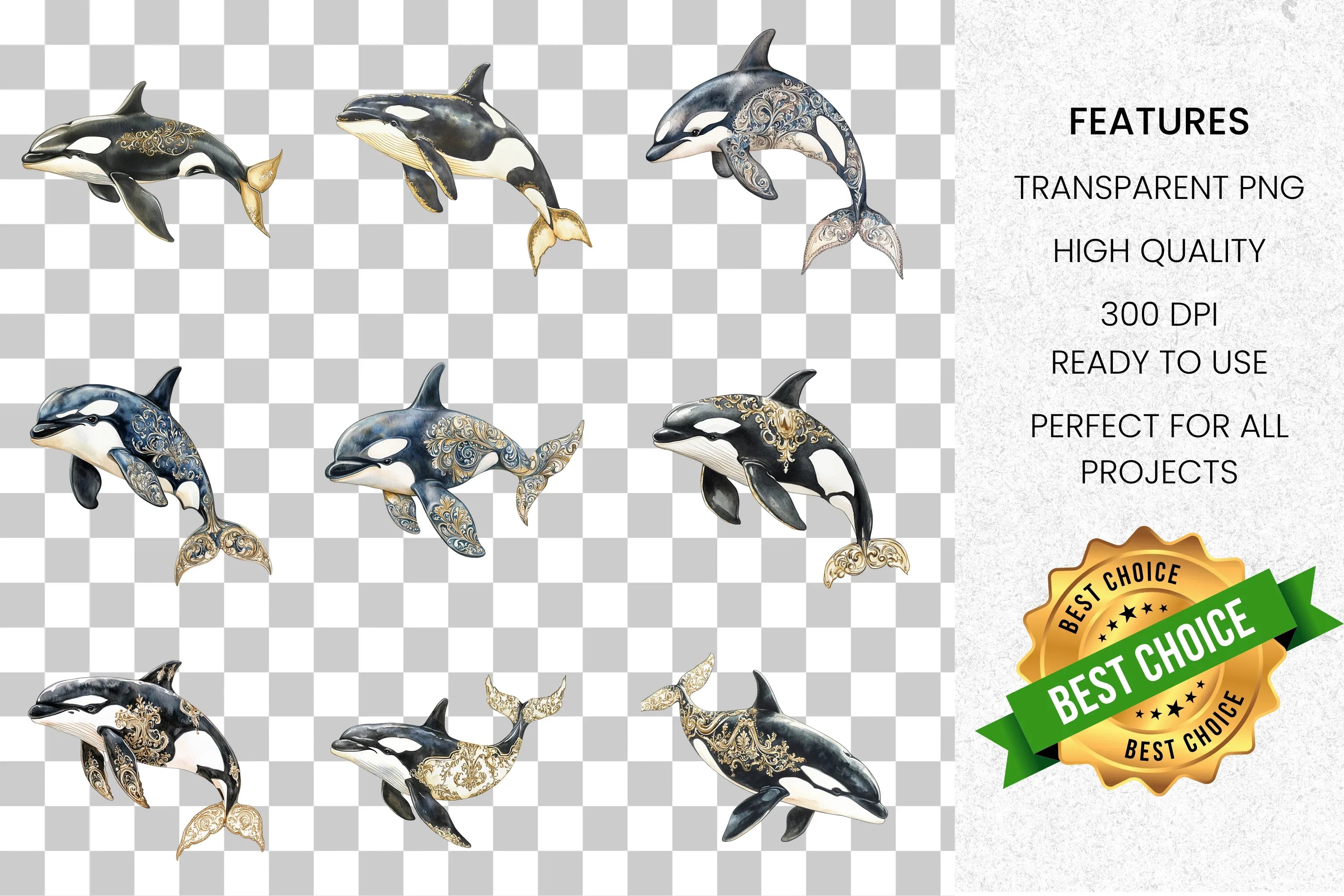 Golden Orca Whale Clipart Bundle