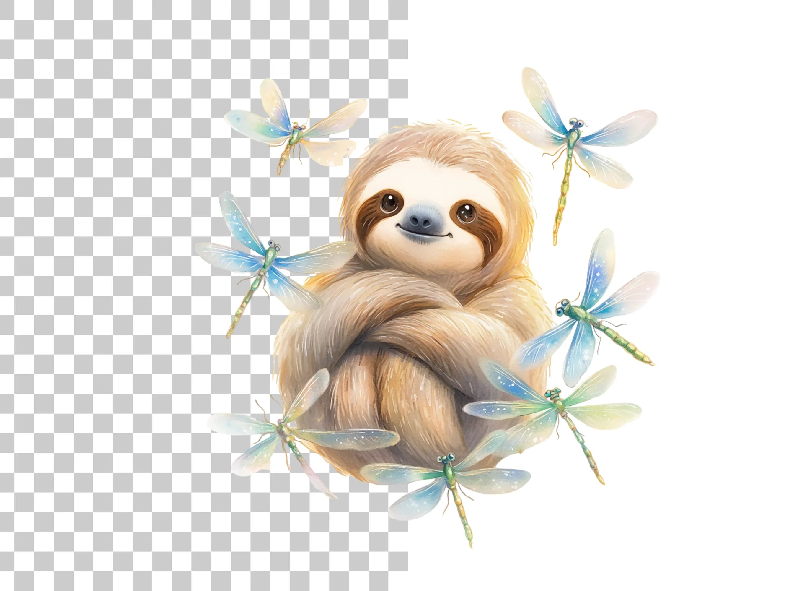 Happy Sloth with Dragonflies Clipart Bundle