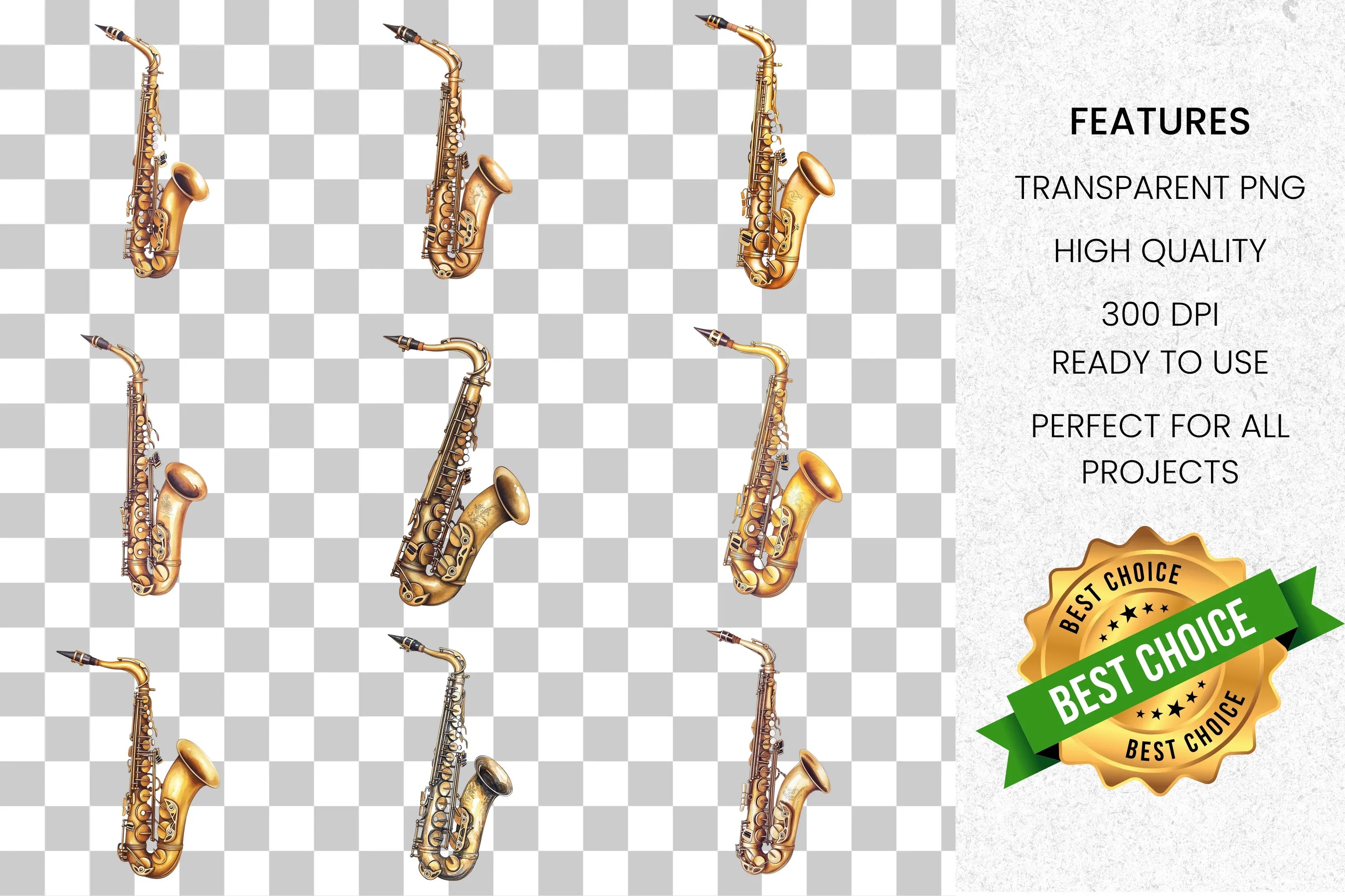 Golden Saxophone Musical Instrument Clipart Bundle