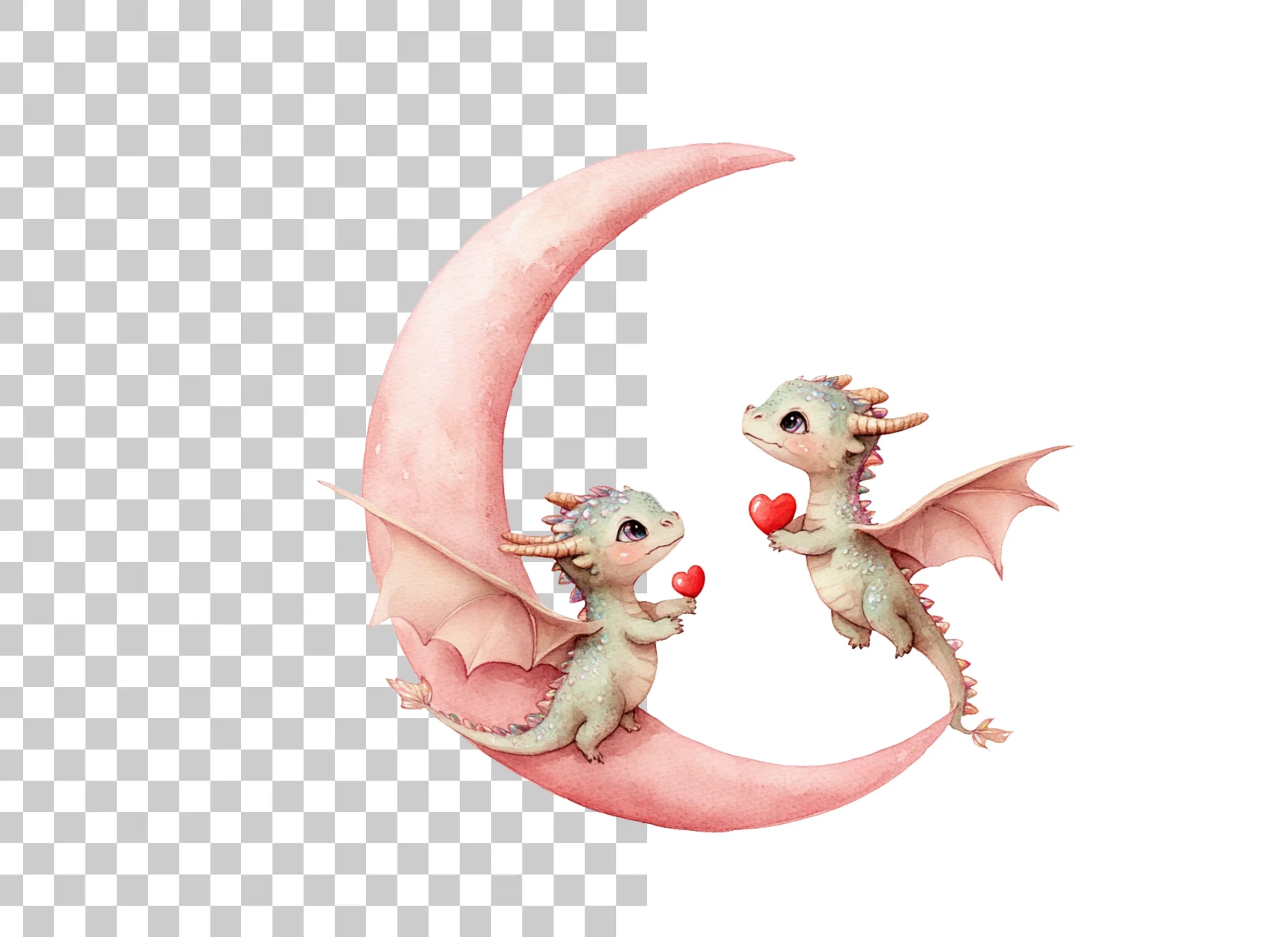 Cute Dragon Couple on Moon Clipart Bundle