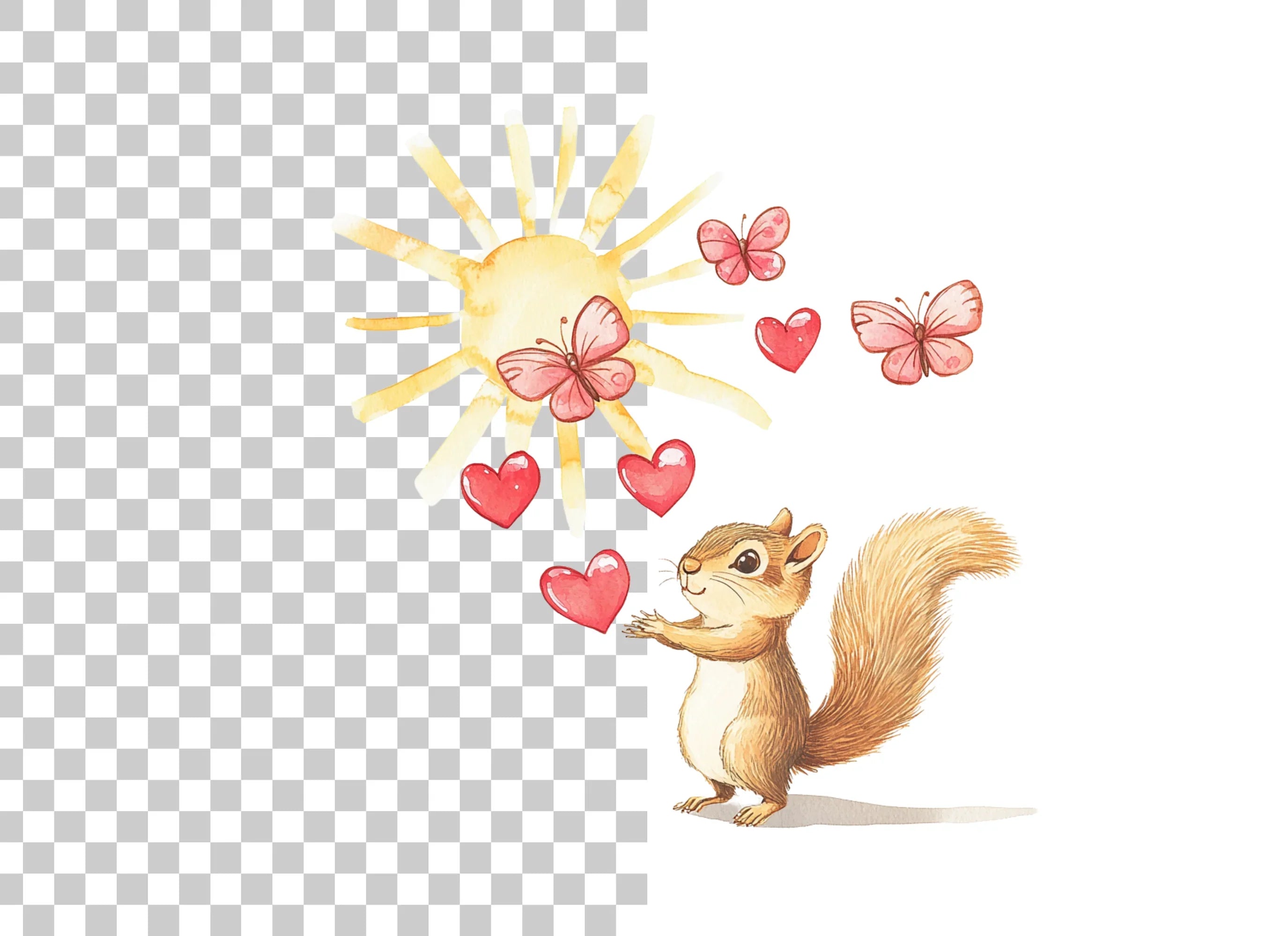 Happy Squirrel with Hearts and Butterflies Clipart Bundle