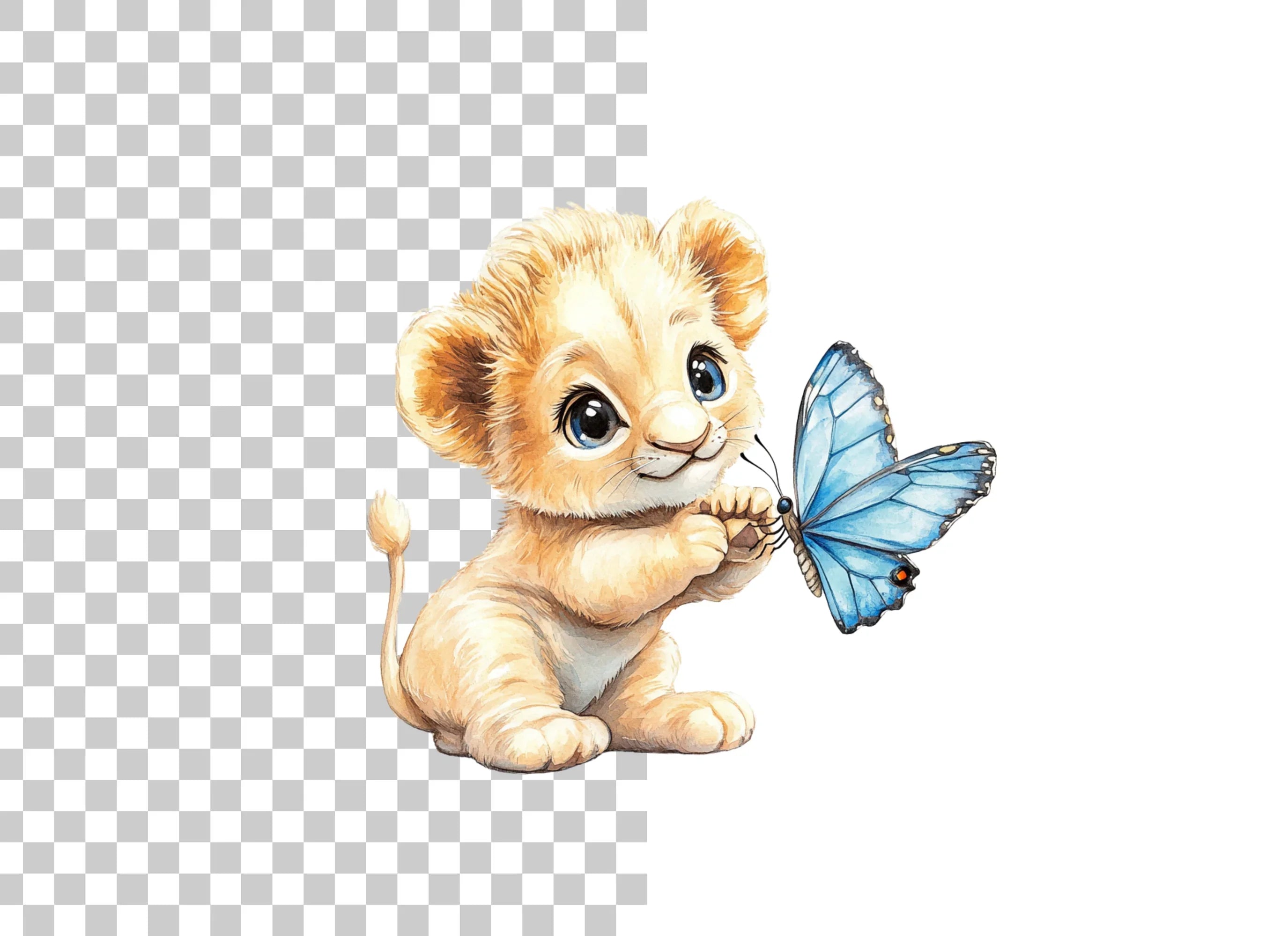 Cute Lion Cubs with Blue Butterflies Clipart Bundle
