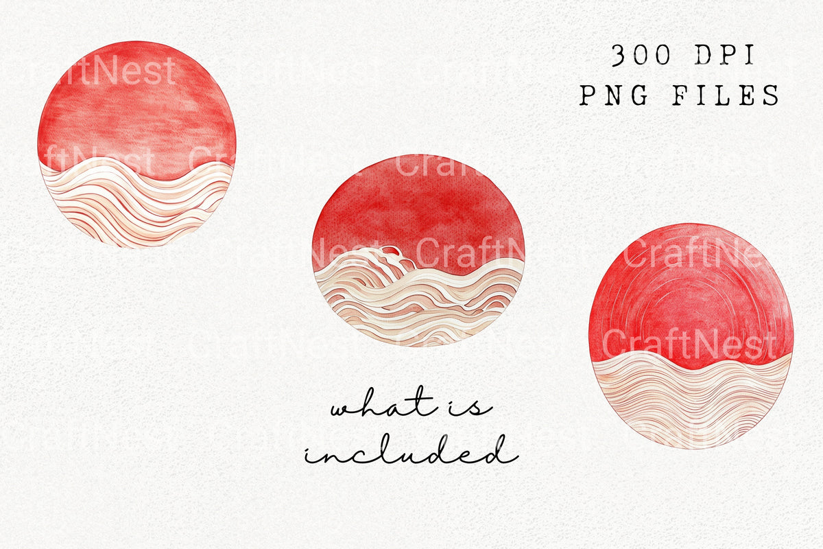 Japanese Red Sun And Waves Clipart Bundle
