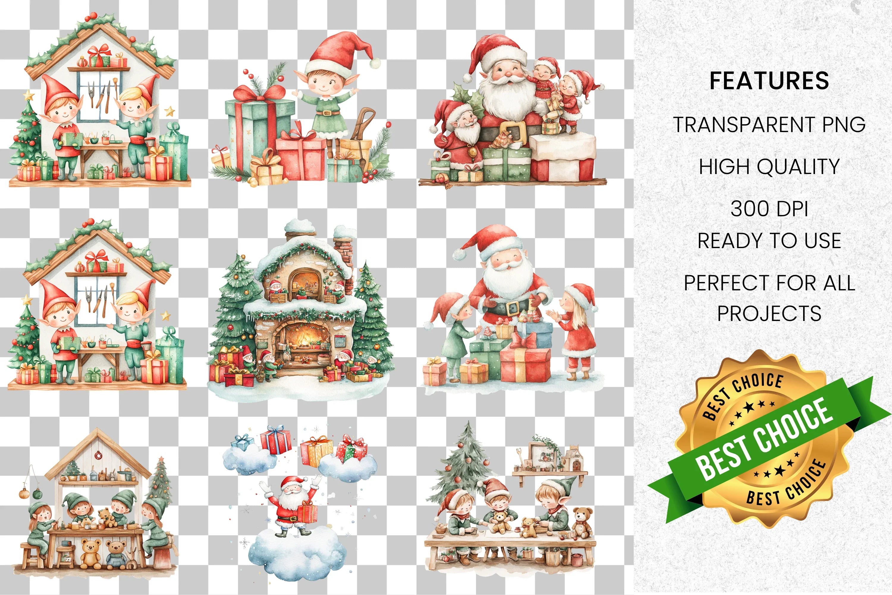 Christmas Elves Fireplace Clipart Bundle