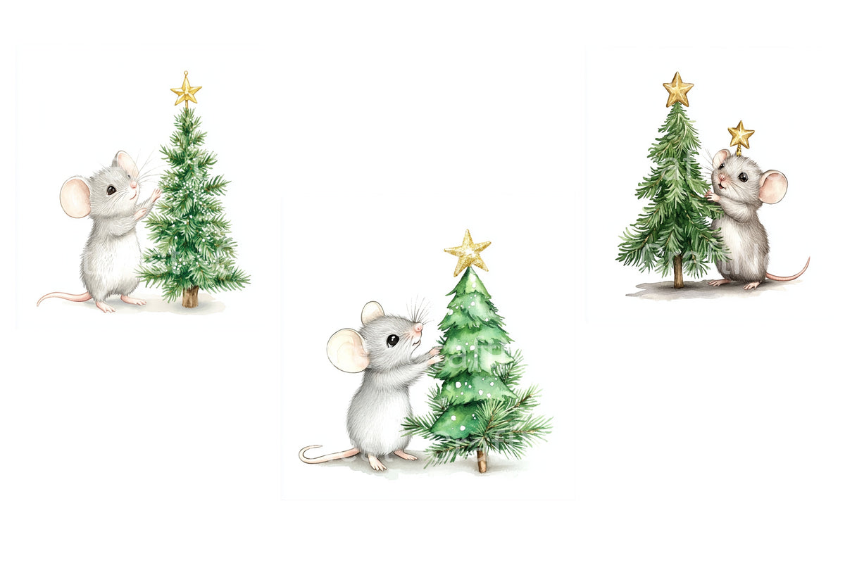 Mice Decorating Christmas Trees Clipart Bundle