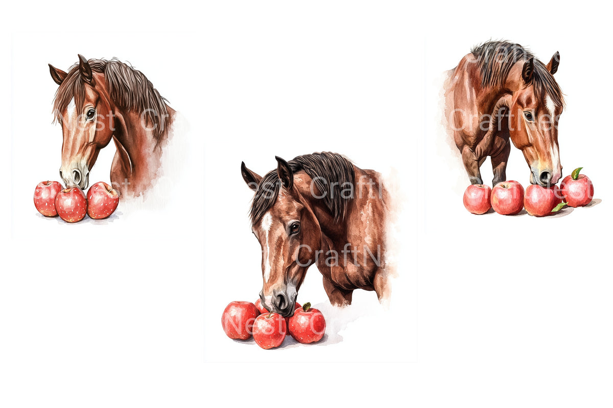 Horse Eating Red Apples Clipart Bundle