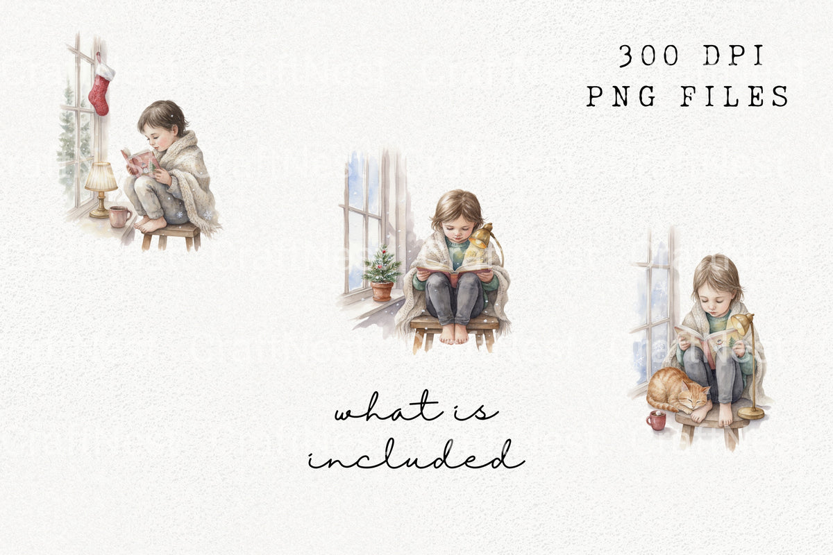 Cozy Winter Reading Kids Elements Clipart Bundle