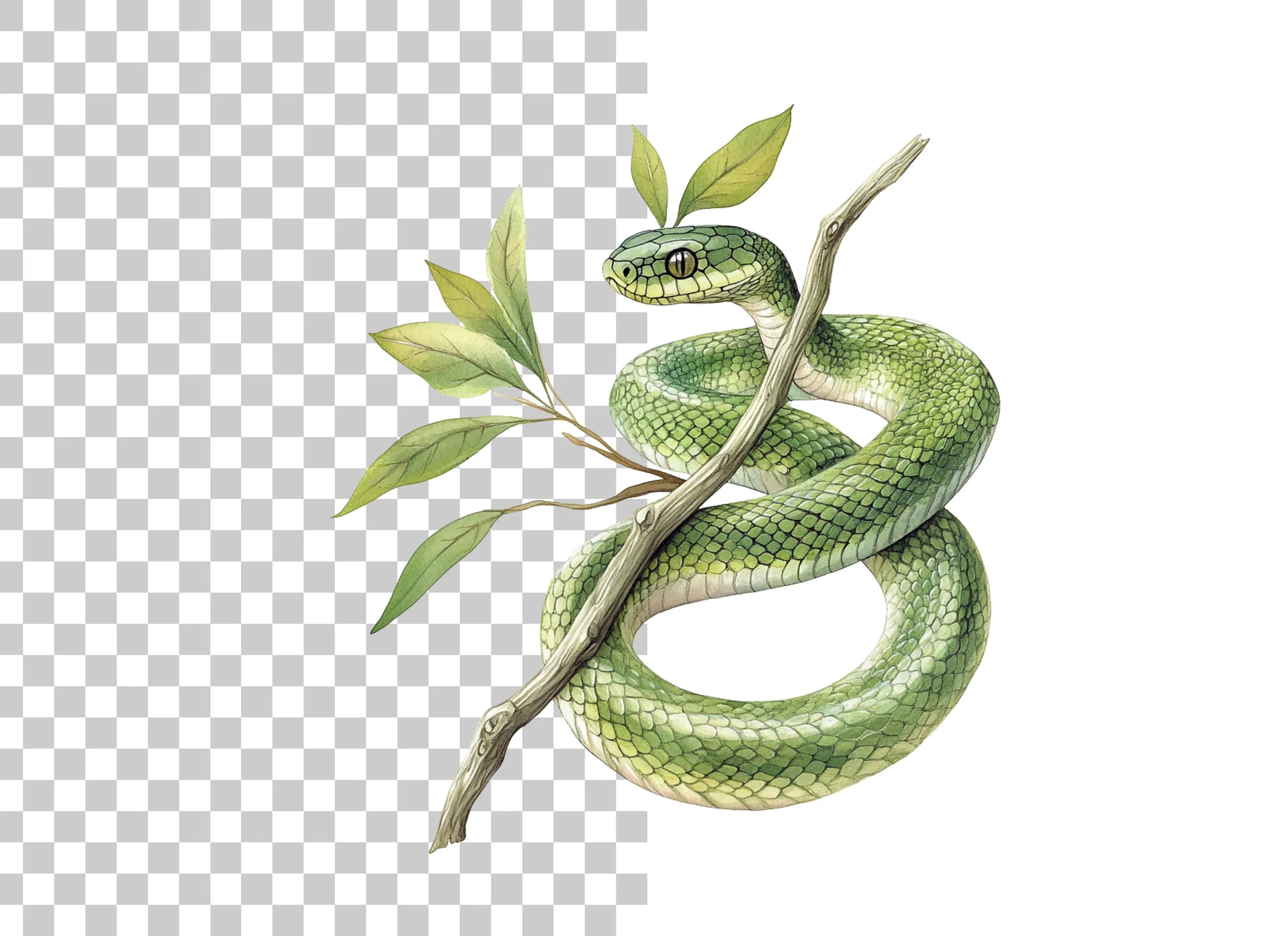 Vibrant Green Snake on Tree Branch Clipart Bundle