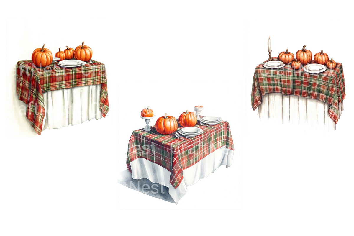 Plaid Tablecloth With Pumpkins Clipart Bundle