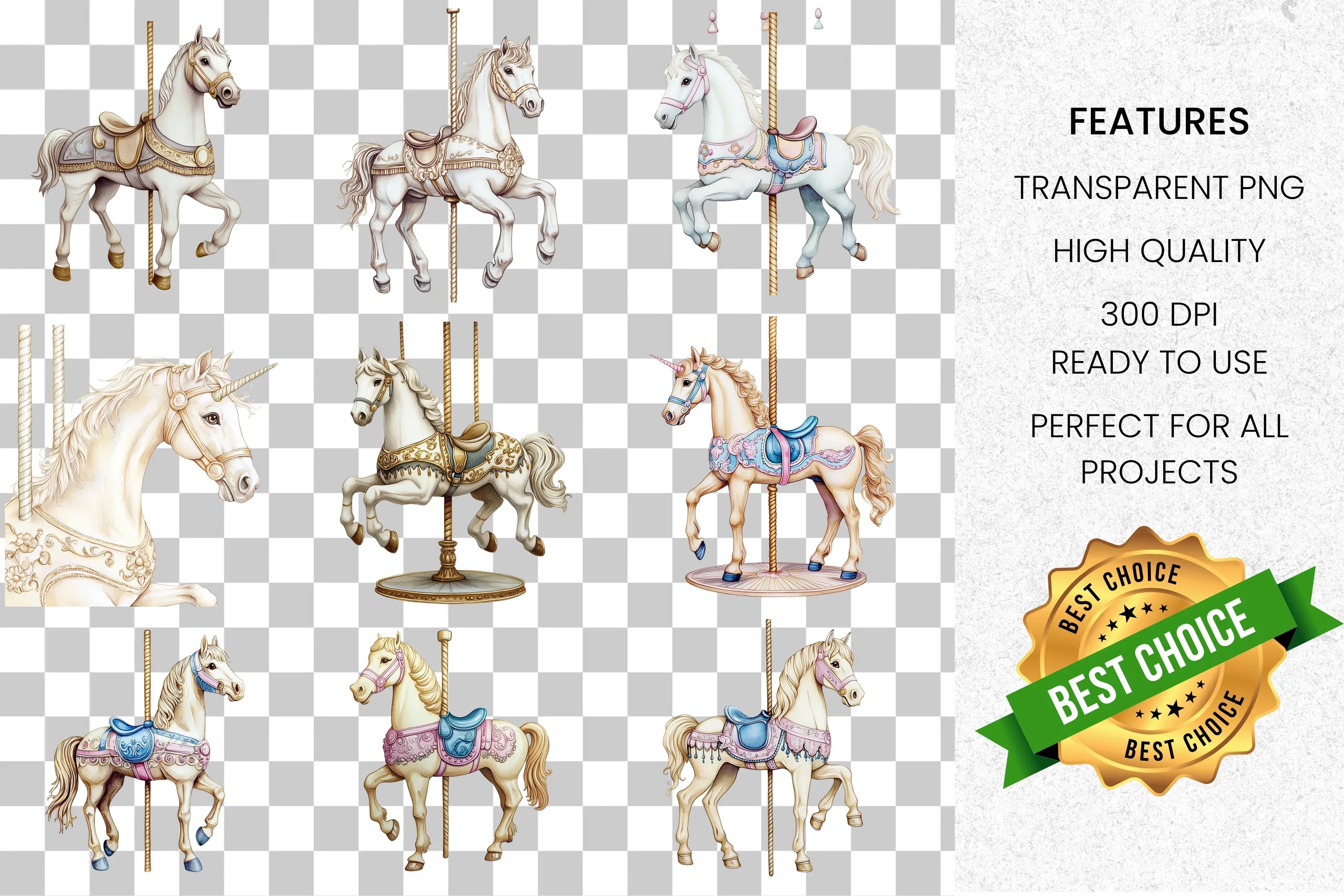 Elegant Carousel Horse and Unicorn Clipart Bundle