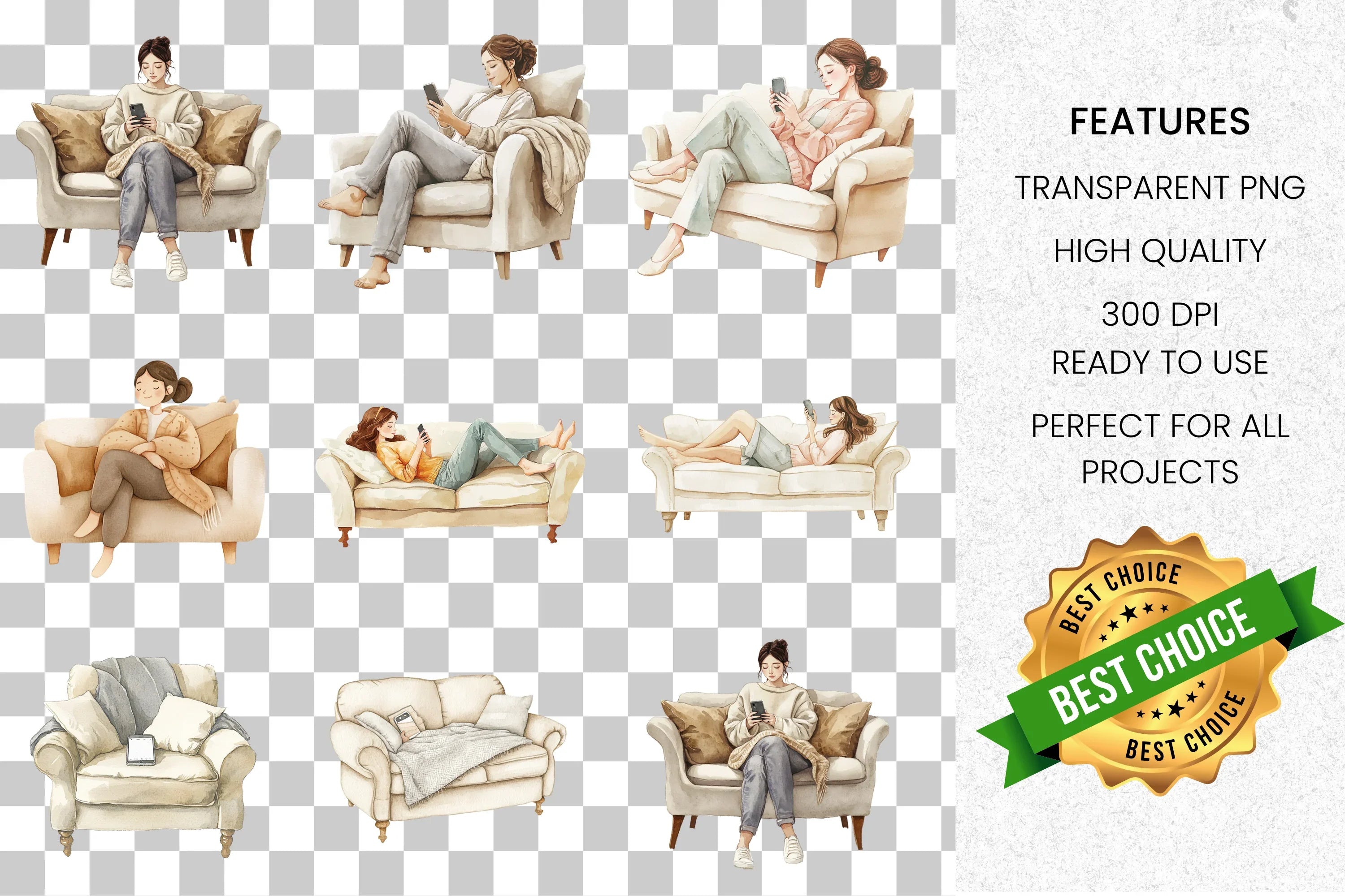 Cozy Sofa Armchair Relaxation Clipart Bundle