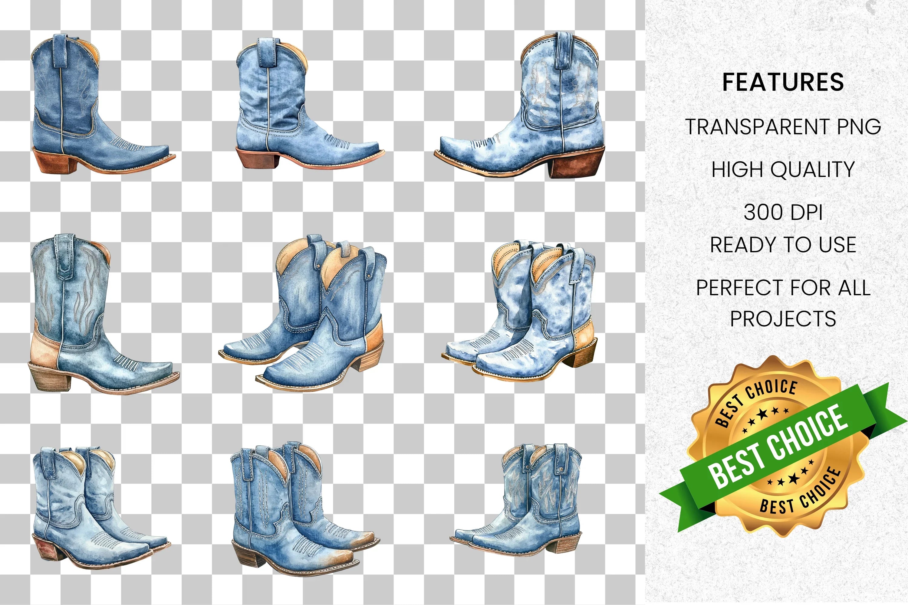 Blue Cowboy Boots Clipart Bundle