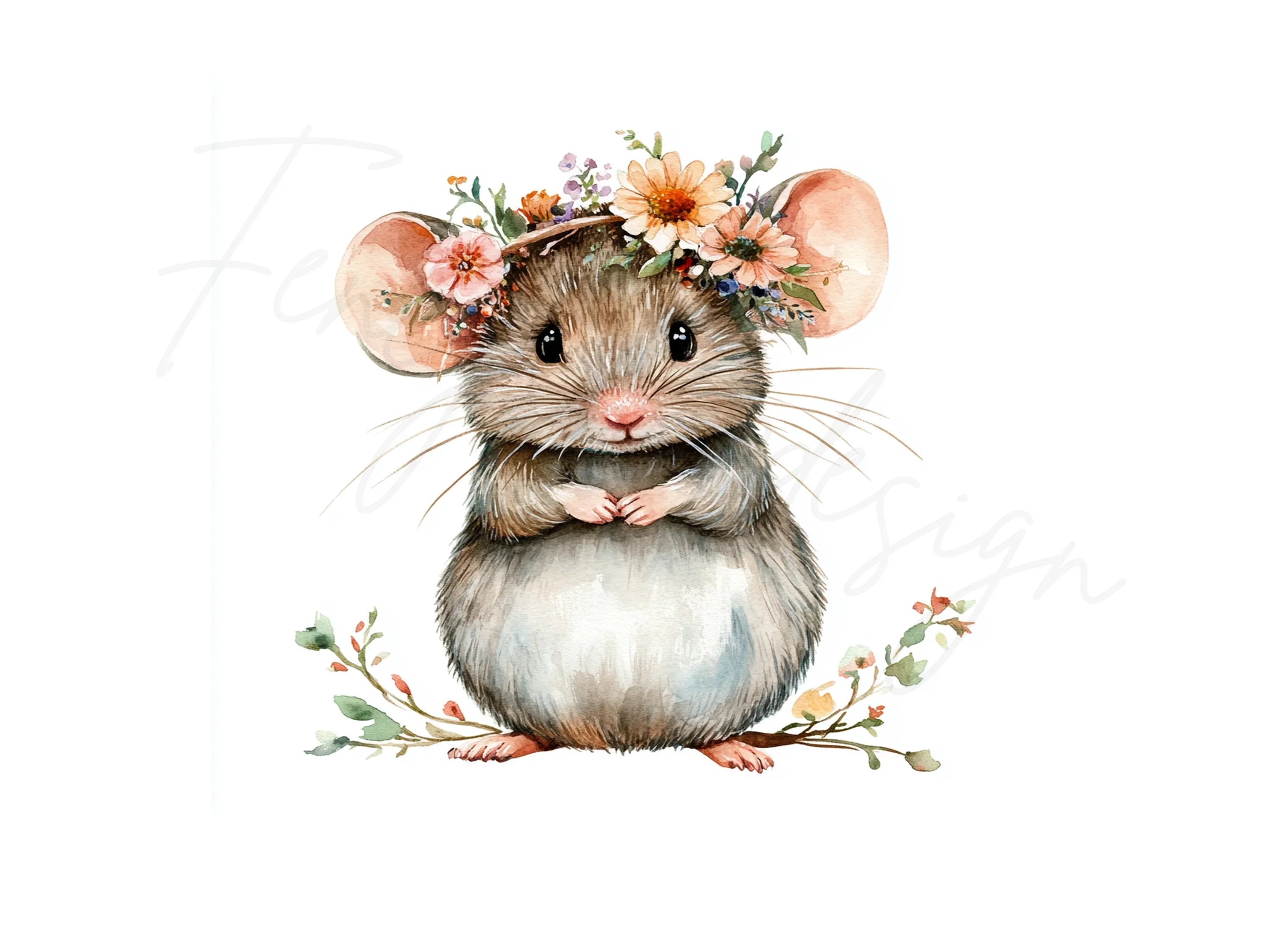 Cute Mouse with Flower Crown Clipart Bundle