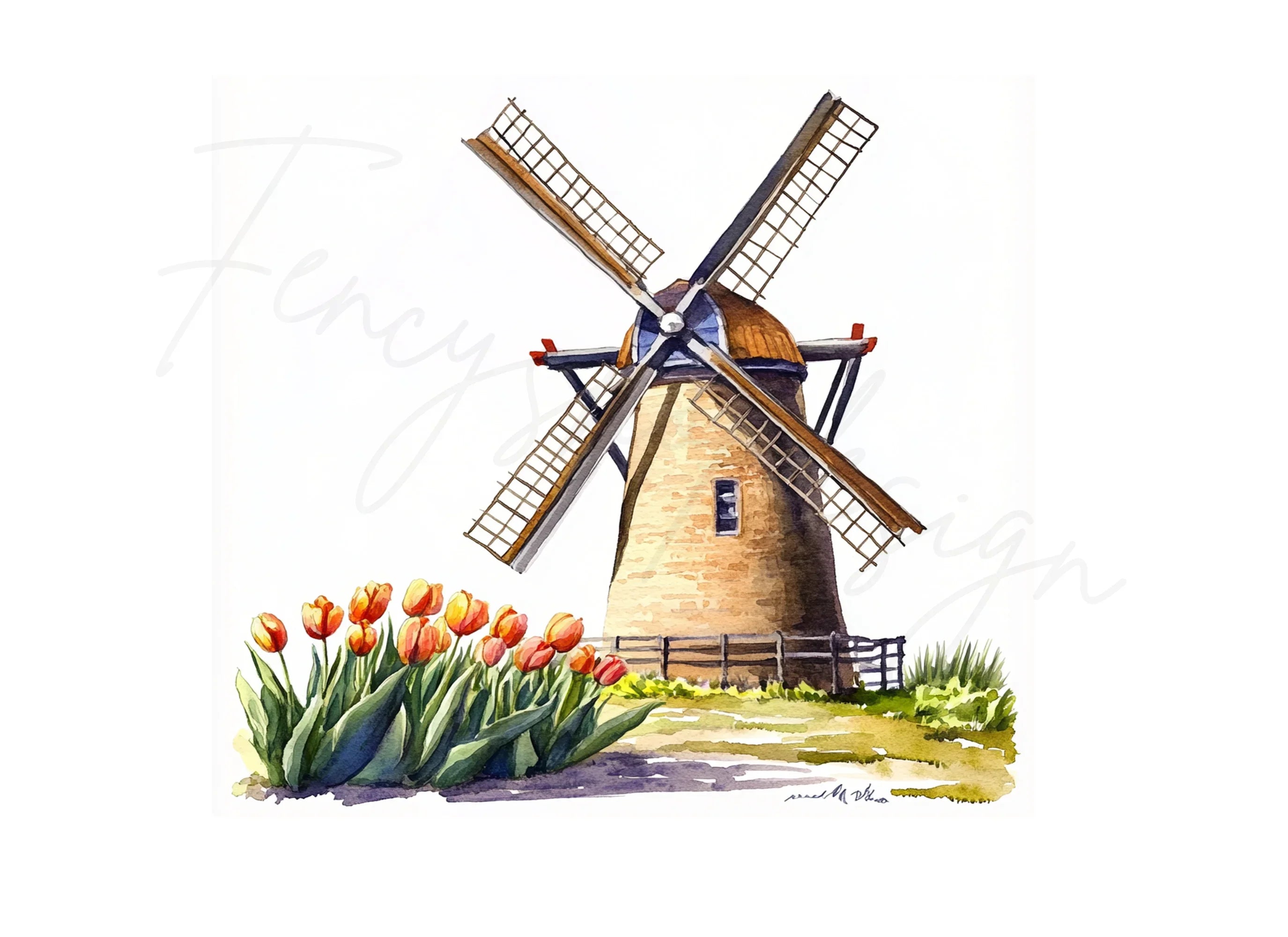 Rustic Windmill and Tulip Field Clipart Bundle