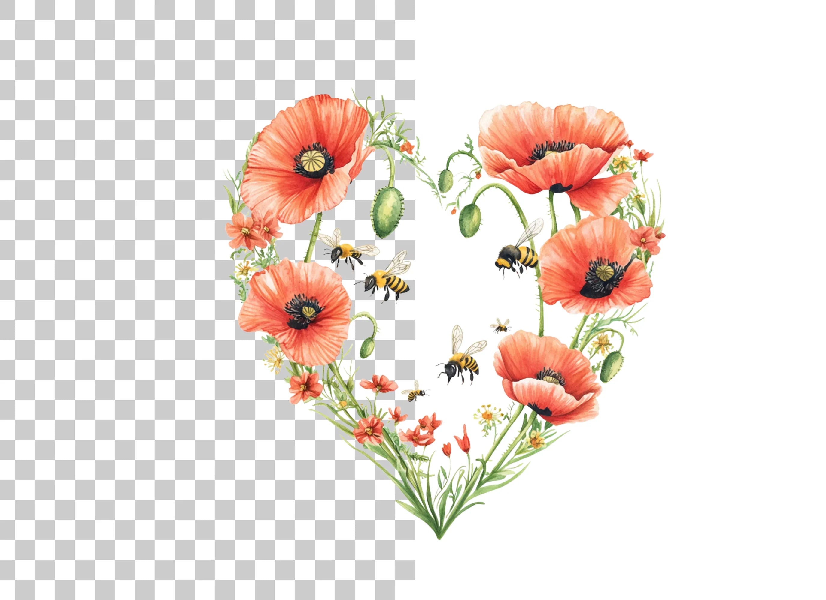 Poppy and Bee Heart Clipart Bundle