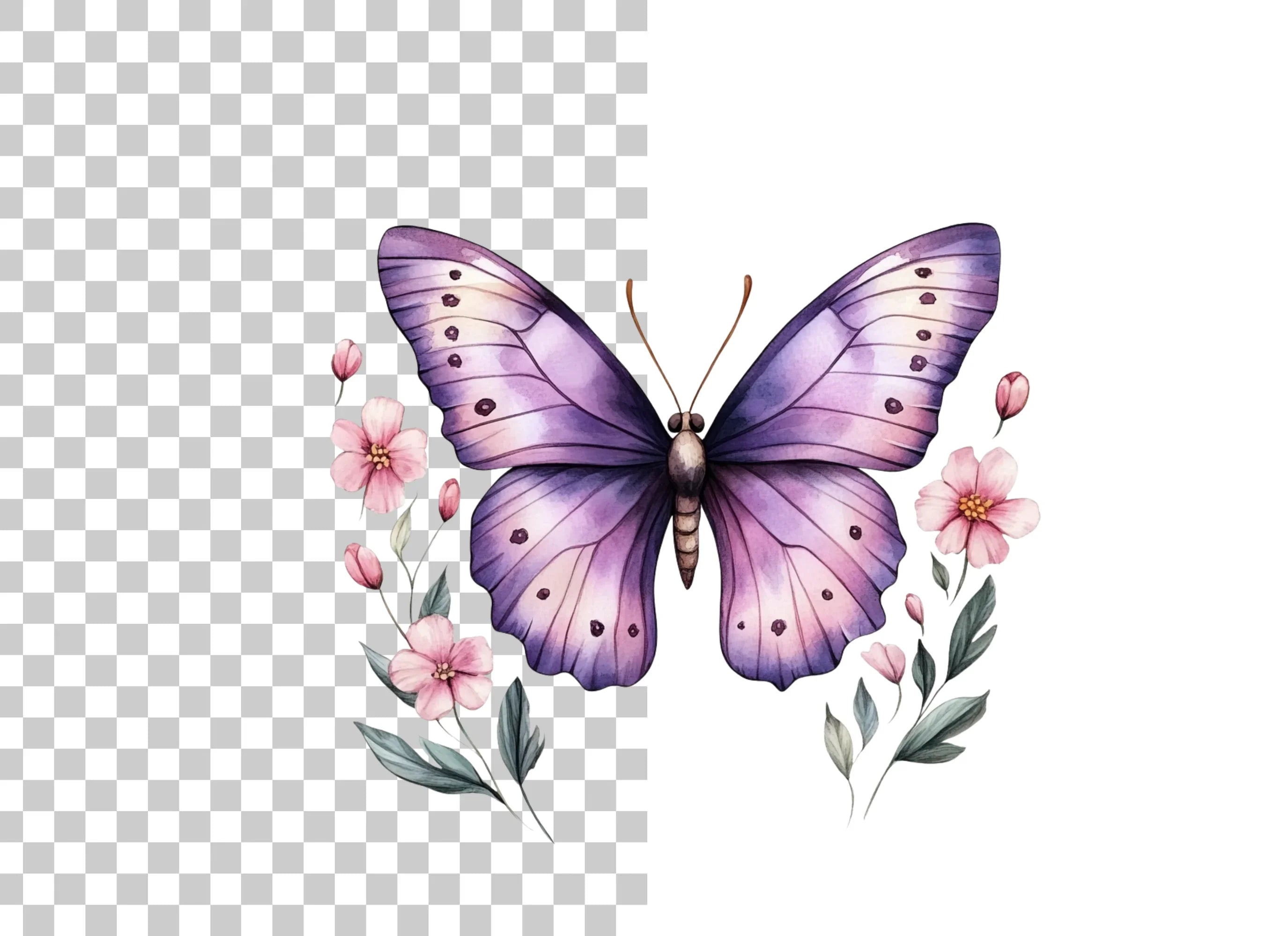 Purple Butterfly and Floral Clipart Bundle
