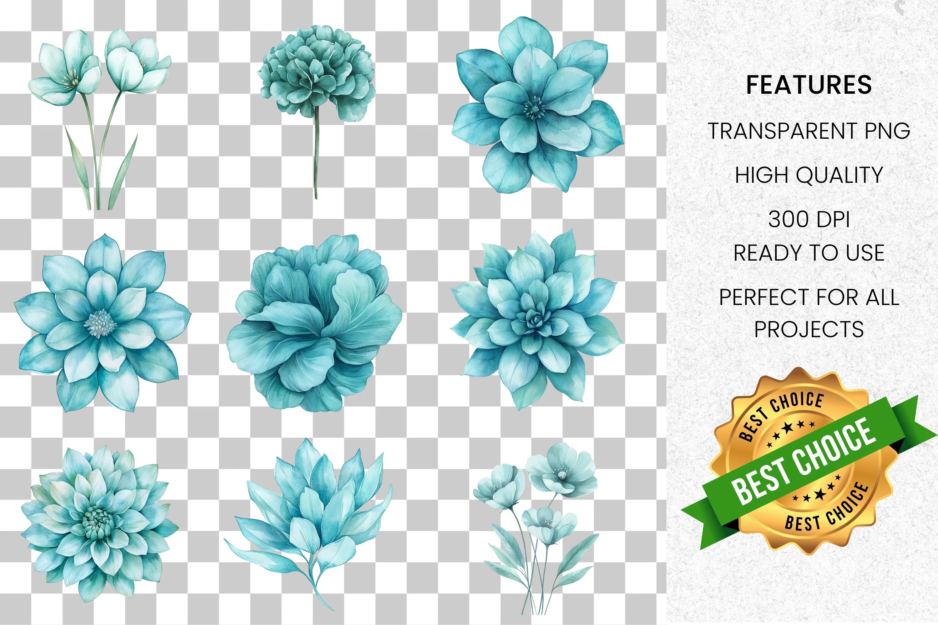 Teal Blue Floral Clipart Bundle