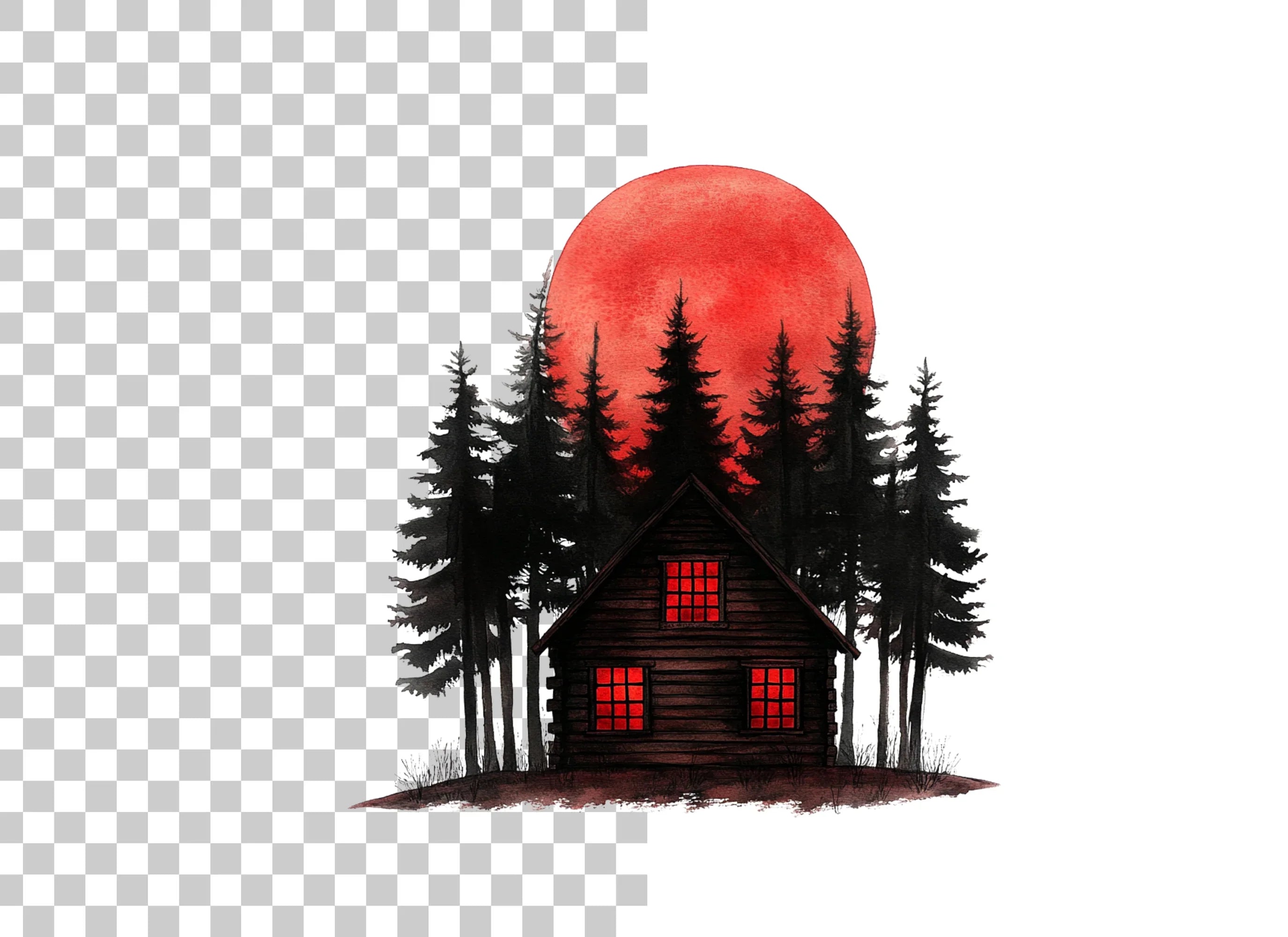 Spooky Cabins Under Blood Moon Clipart Bundle