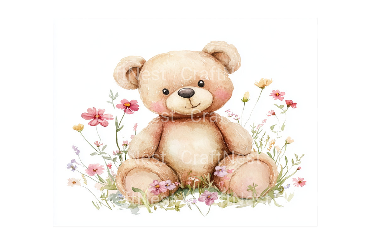 Adorable Teddy Bear With Flowers Clipart Bundle