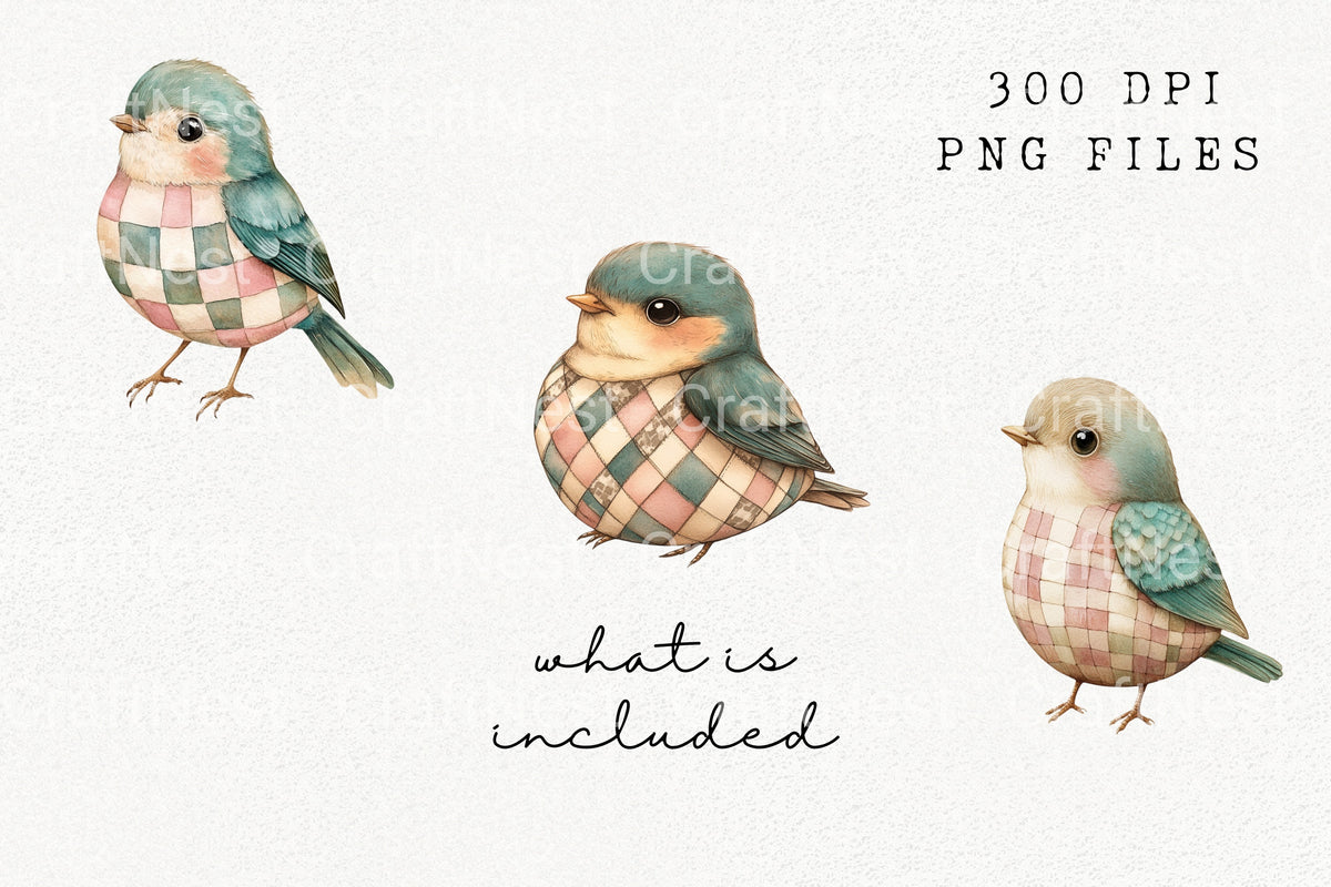 Patchwork Bird Illustrations Clipart Bundle