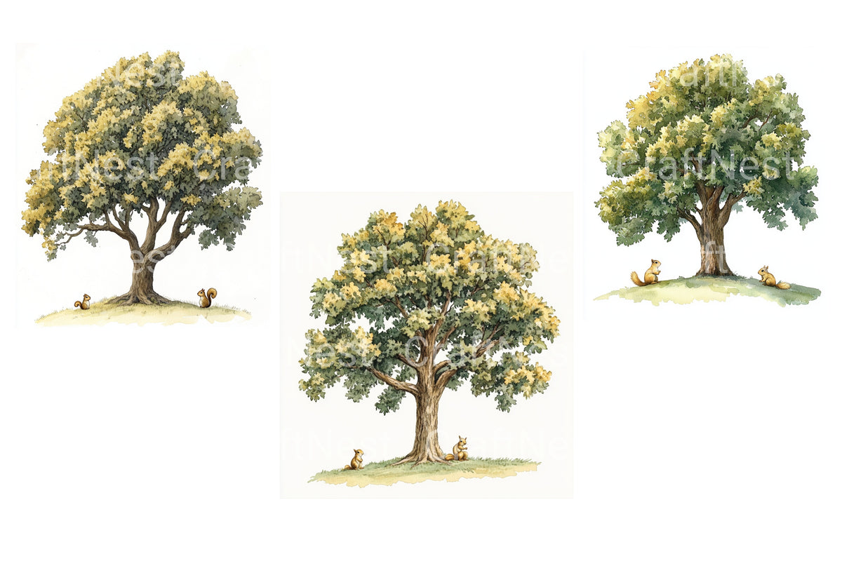Oak Trees With Squirrels Clipart Bundle