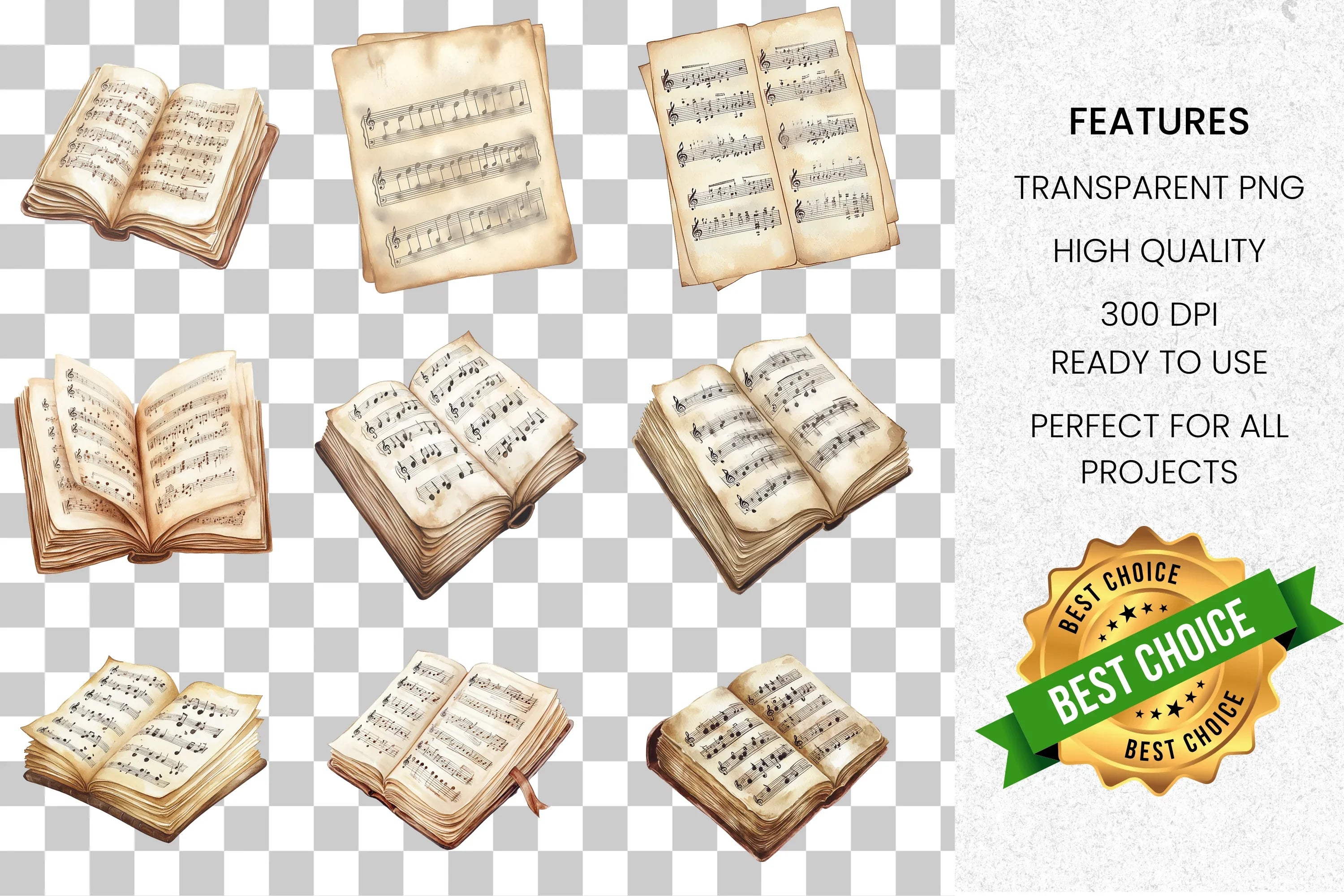 Vintage Music Book and Sheet Clipart Bundle