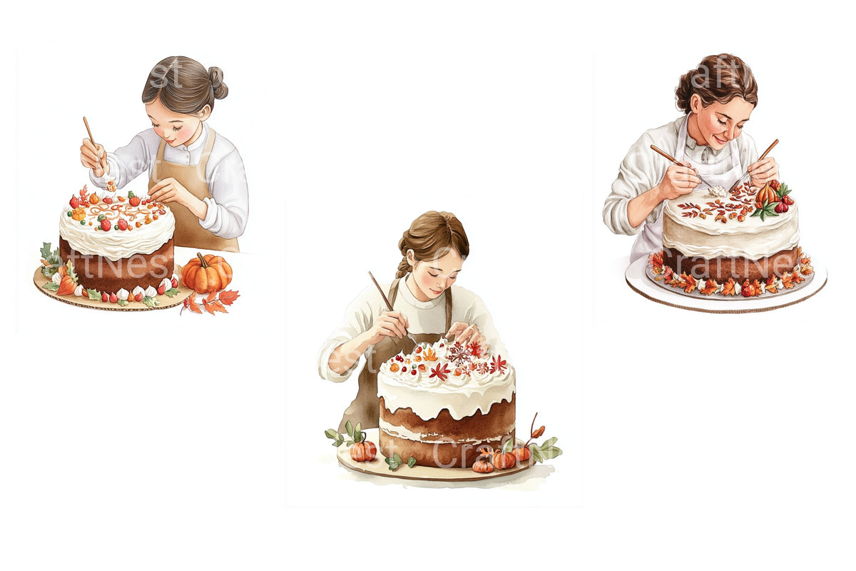 Woman Decorating Autumn Cake Clipart Bundle