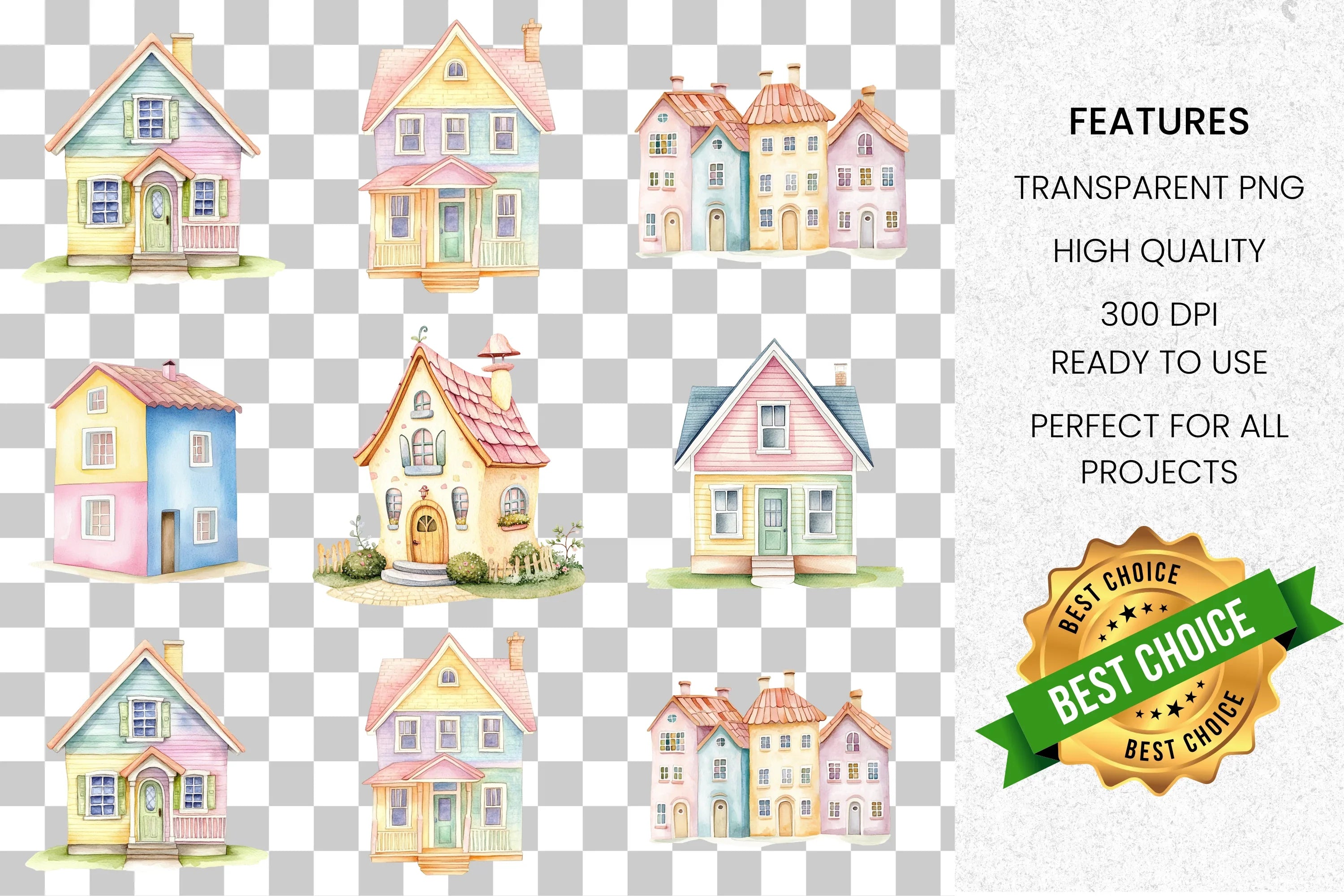 Pastel Houses Clipart Bundle