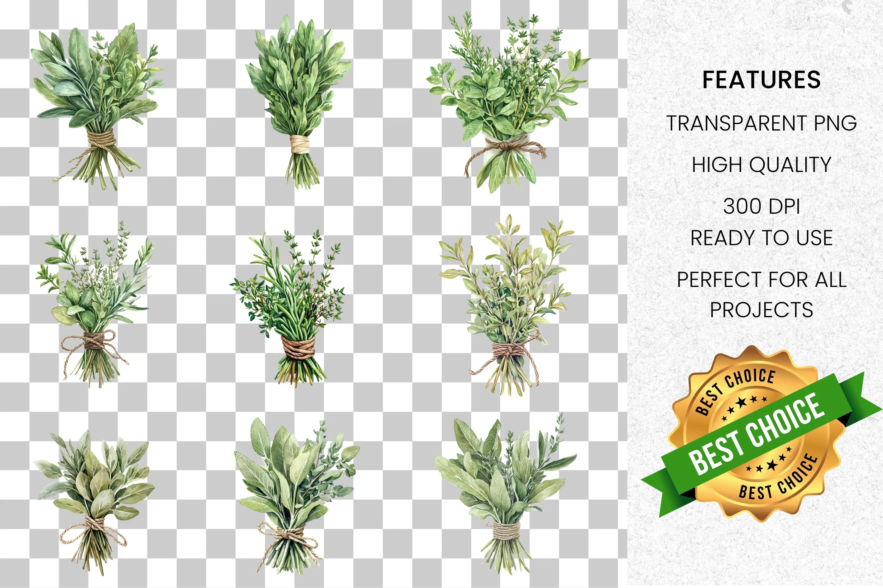 Fresh Herb Bouquets Clipart Bundle