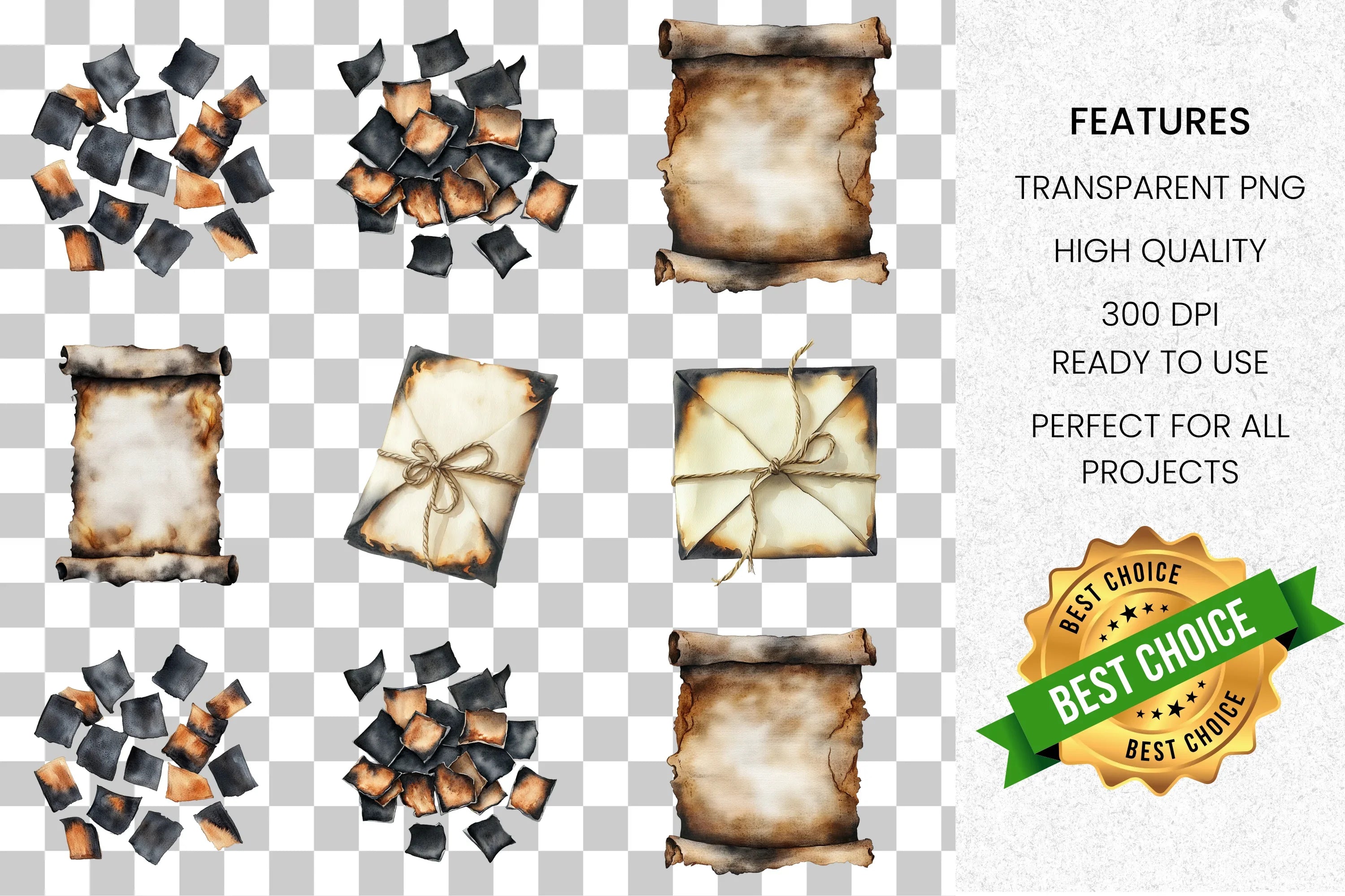 Aged Burnt Scroll Clipart Bundle
