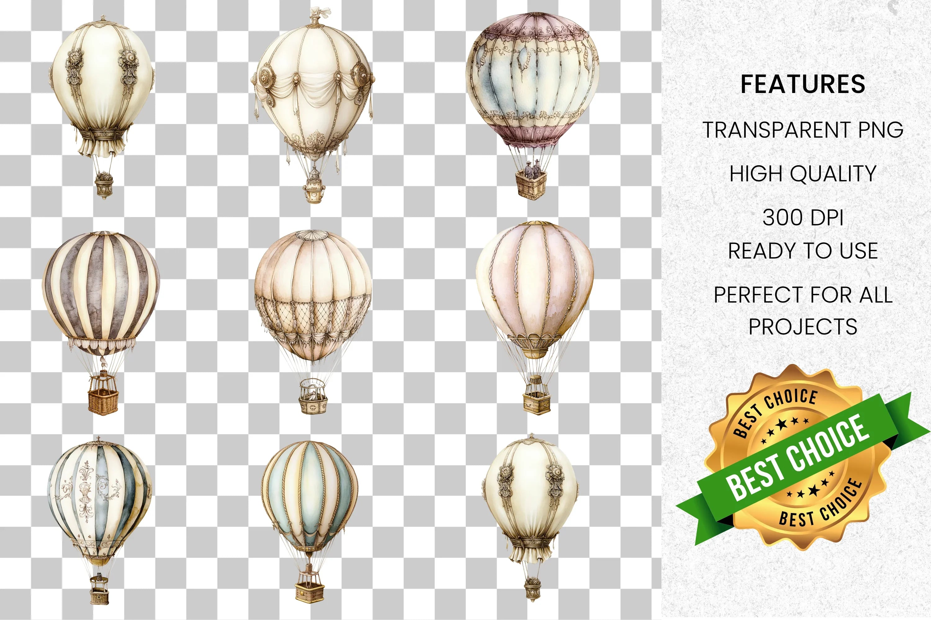 Vintage Hot Air Balloon Clipart Bundle
