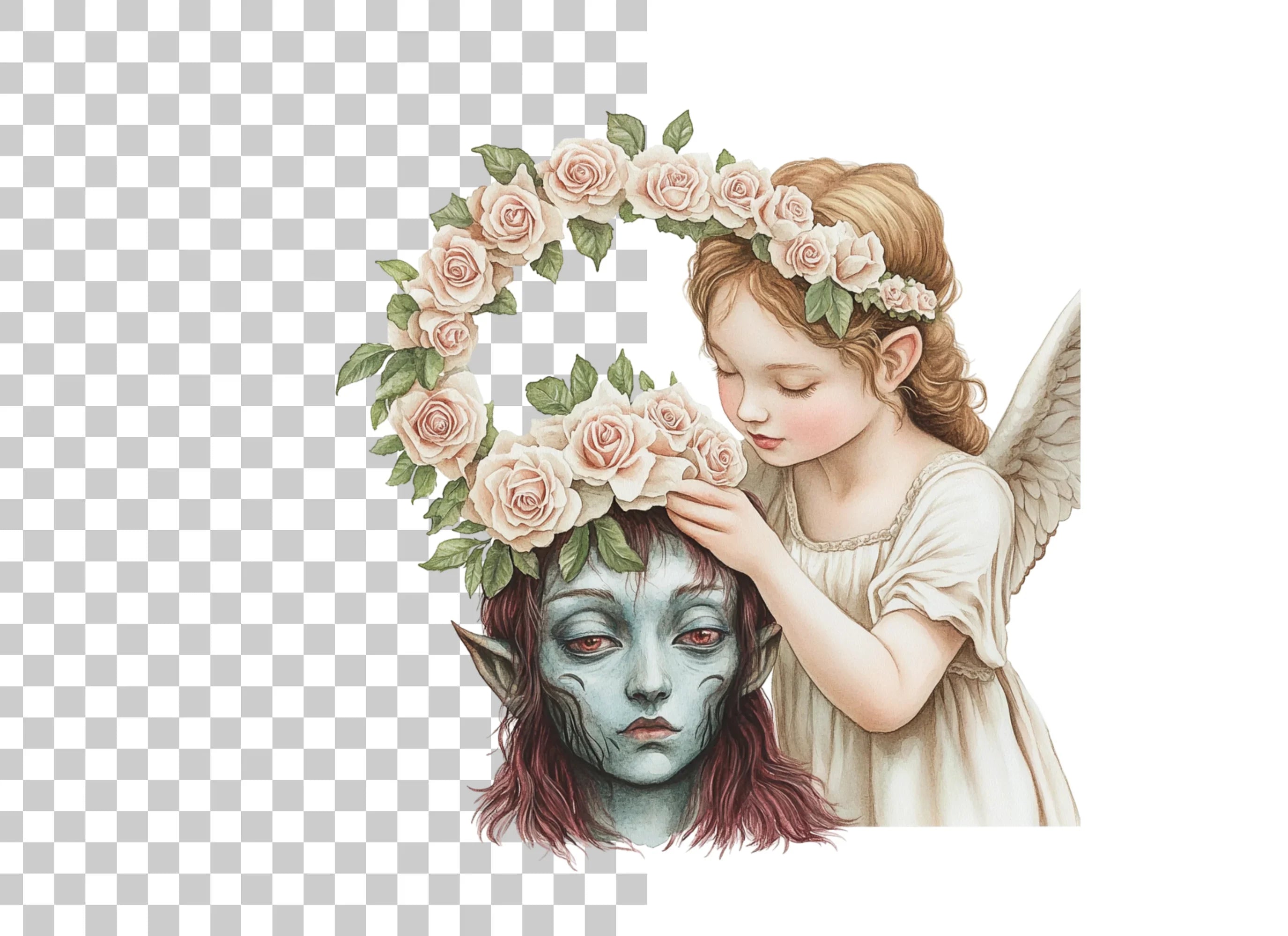 Angel and Elf with Flower Crown Clipart Bundle