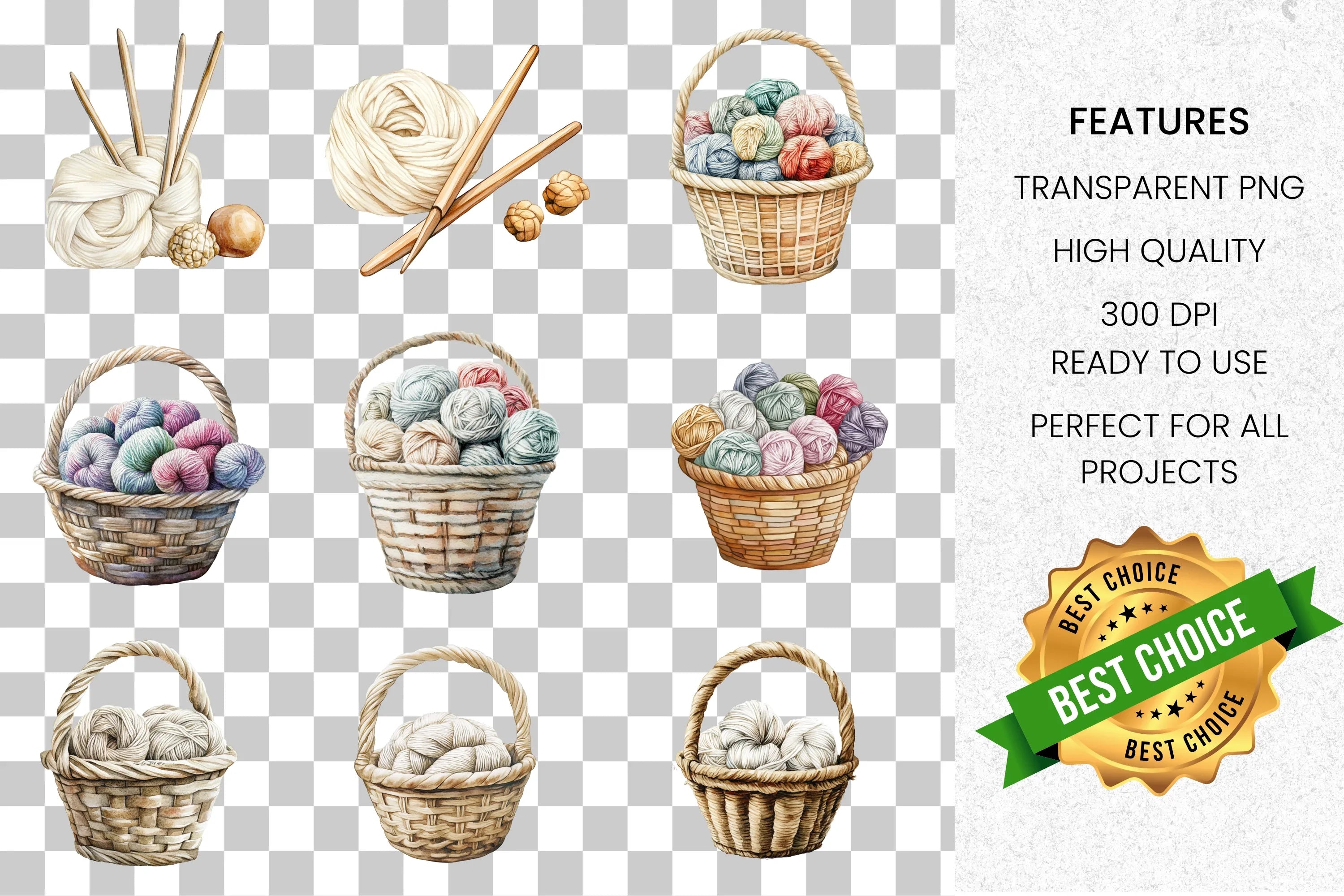 Cozy Yarn Baskets Clipart Bundle