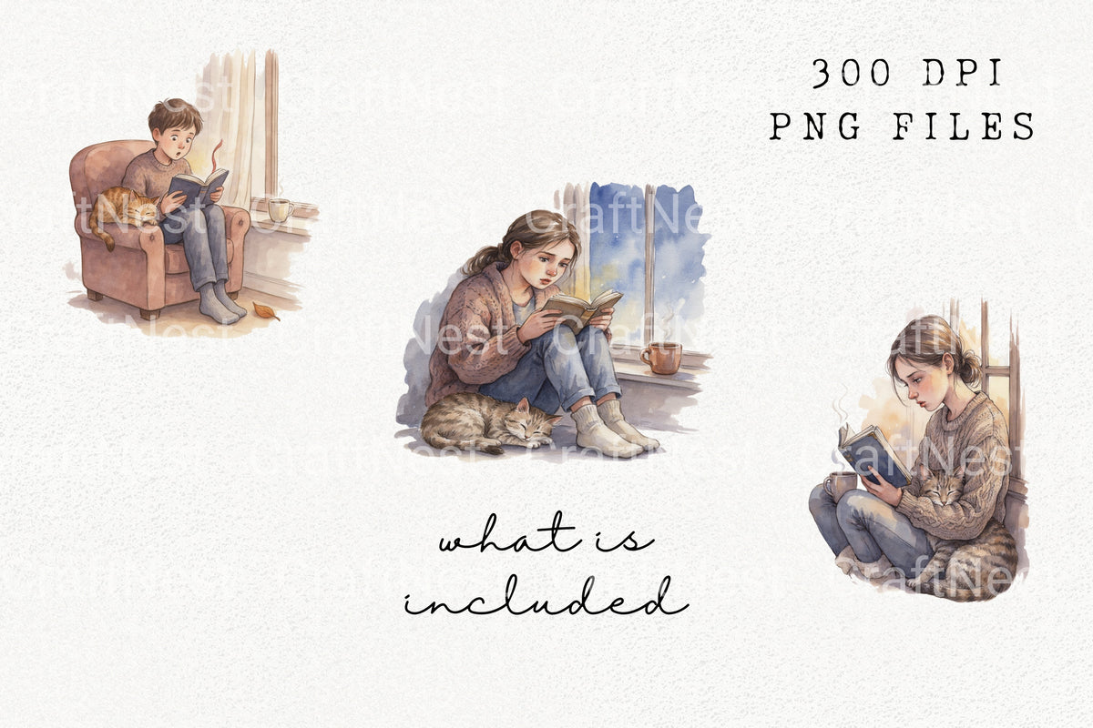 Cozy Girl Reading With Cat Clipart Bundle