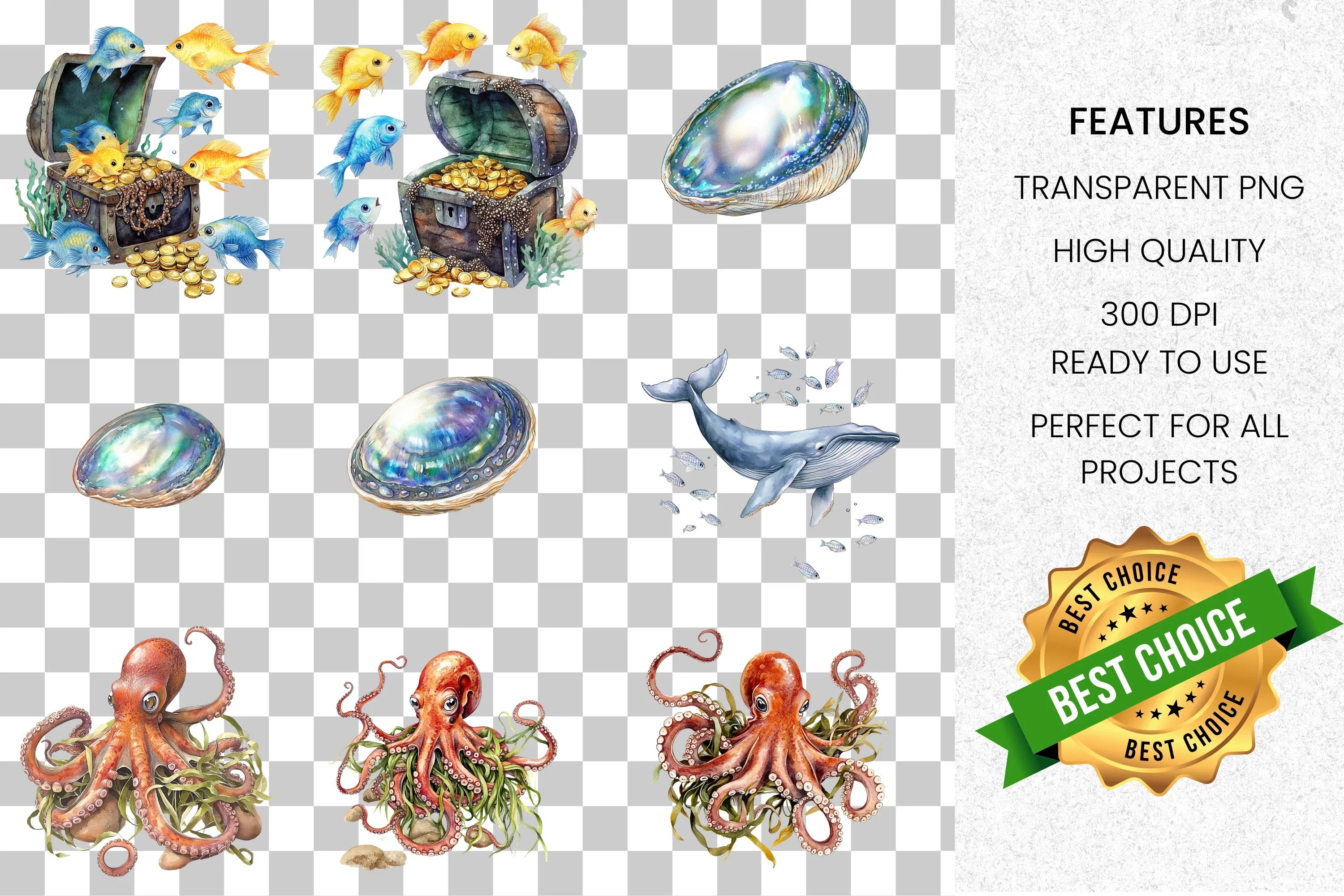 Ocean Life Creatures Treasure Clipart Bundle